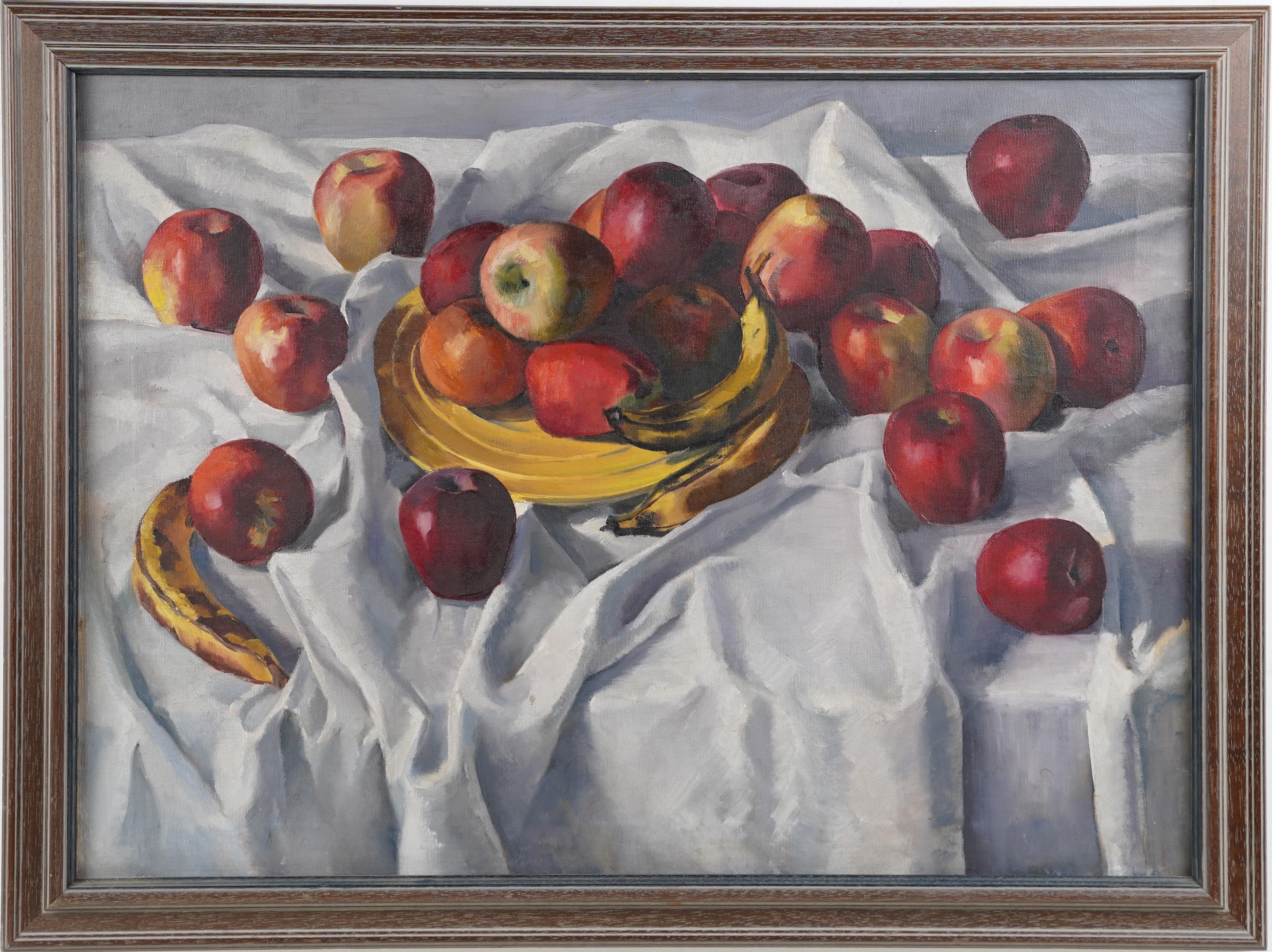Unknown Still-Life Painting - Antique American Modernist Fruit Still Life Kitchen Table Apple Oil Painting