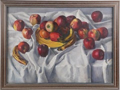 Antique American Modernist Fruit Still Life Kitchen Table Apple Oil Painting