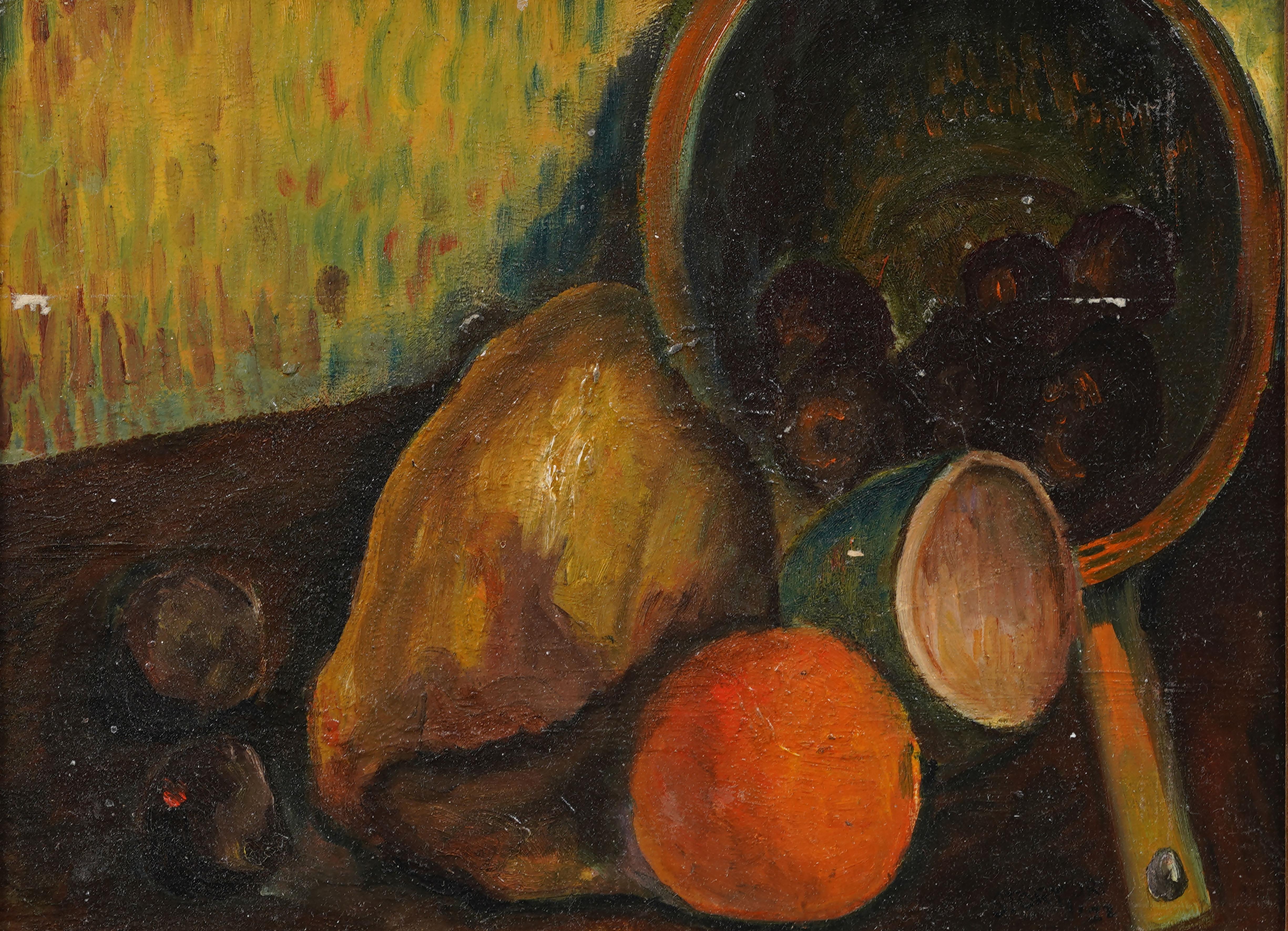 Nature morte aux fruits - Paysage de table encadré  Peinture à l'huile - Marron Still-Life Painting par Unknown