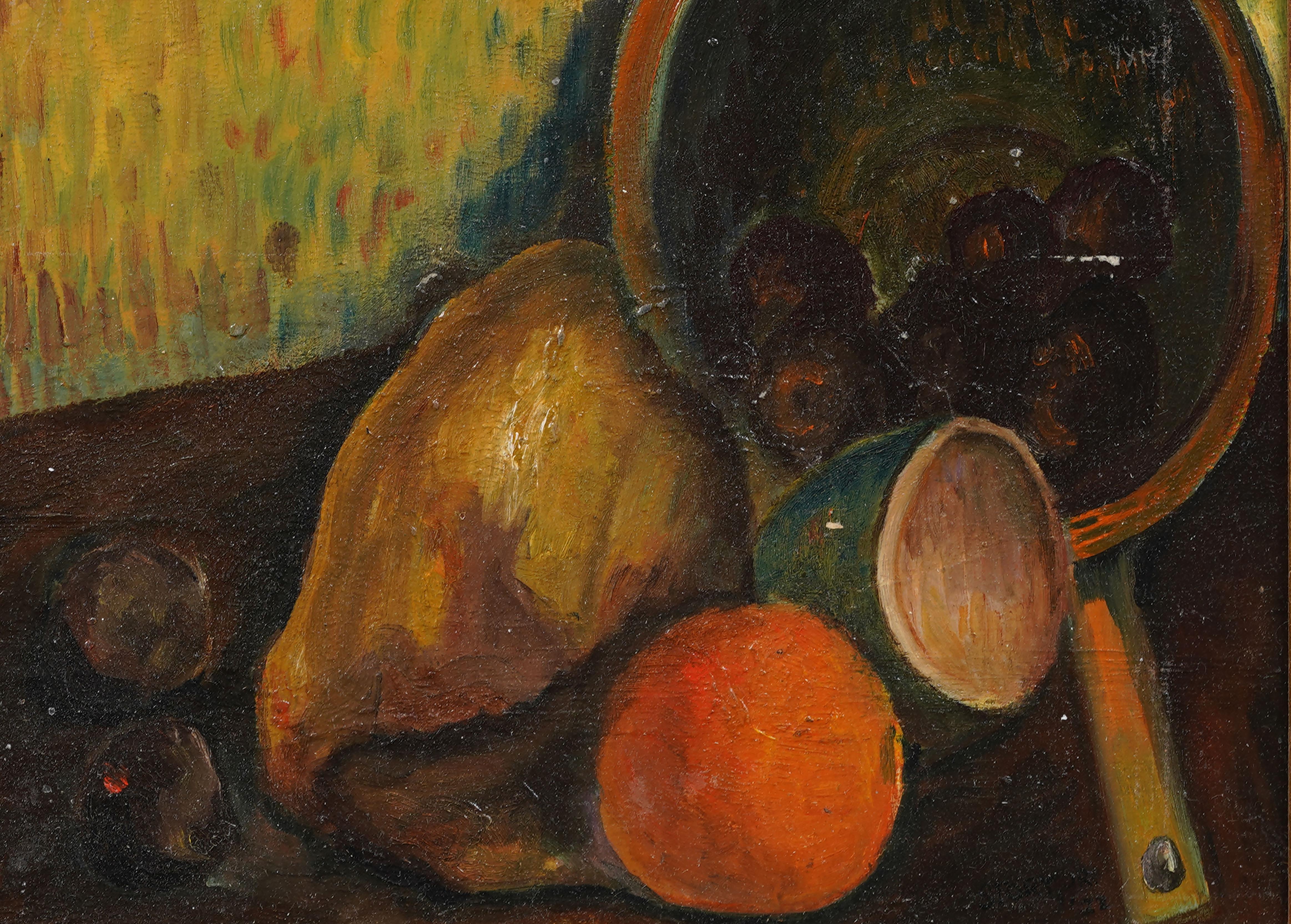 Nature morte moderniste américaine vintage peinte à l'huile. Huile sur planche. Encadré. Dimensions : 14 x 17 pouces sur l'ensemble, et 9 x 12 pouces pour la peinture seule...  En excellent état d'origine. Il est joliment encadré dans une moulure en