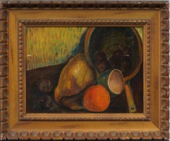 Antique American Modernist Fruit Still Life Tablescape Framed  Oil Painting
