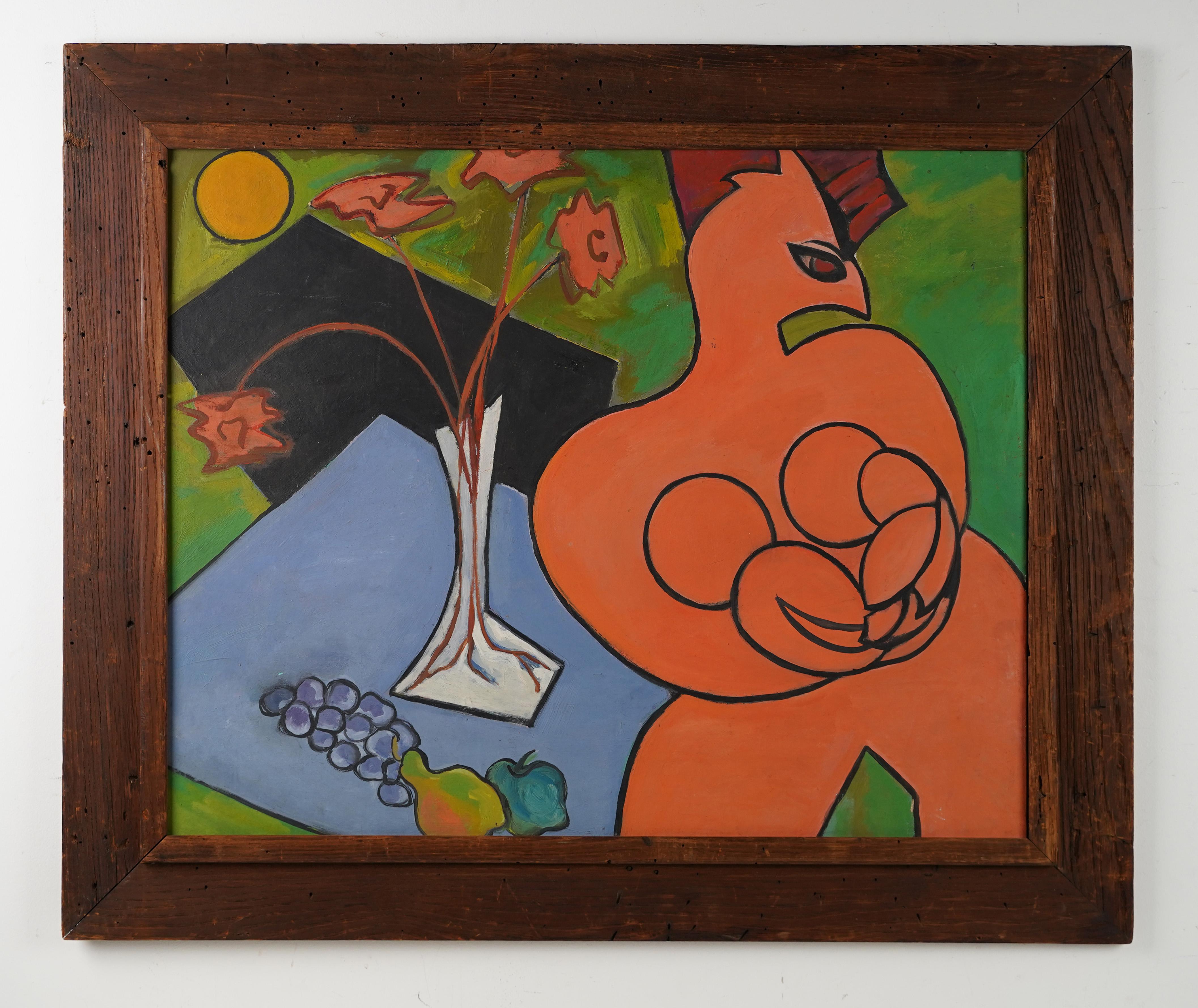Antikes amerikanisches modernistisches gerahmtes Ölgemälde „Funky Chicken“ Kubistisches Stillleben (Moderne), Painting, von Unknown