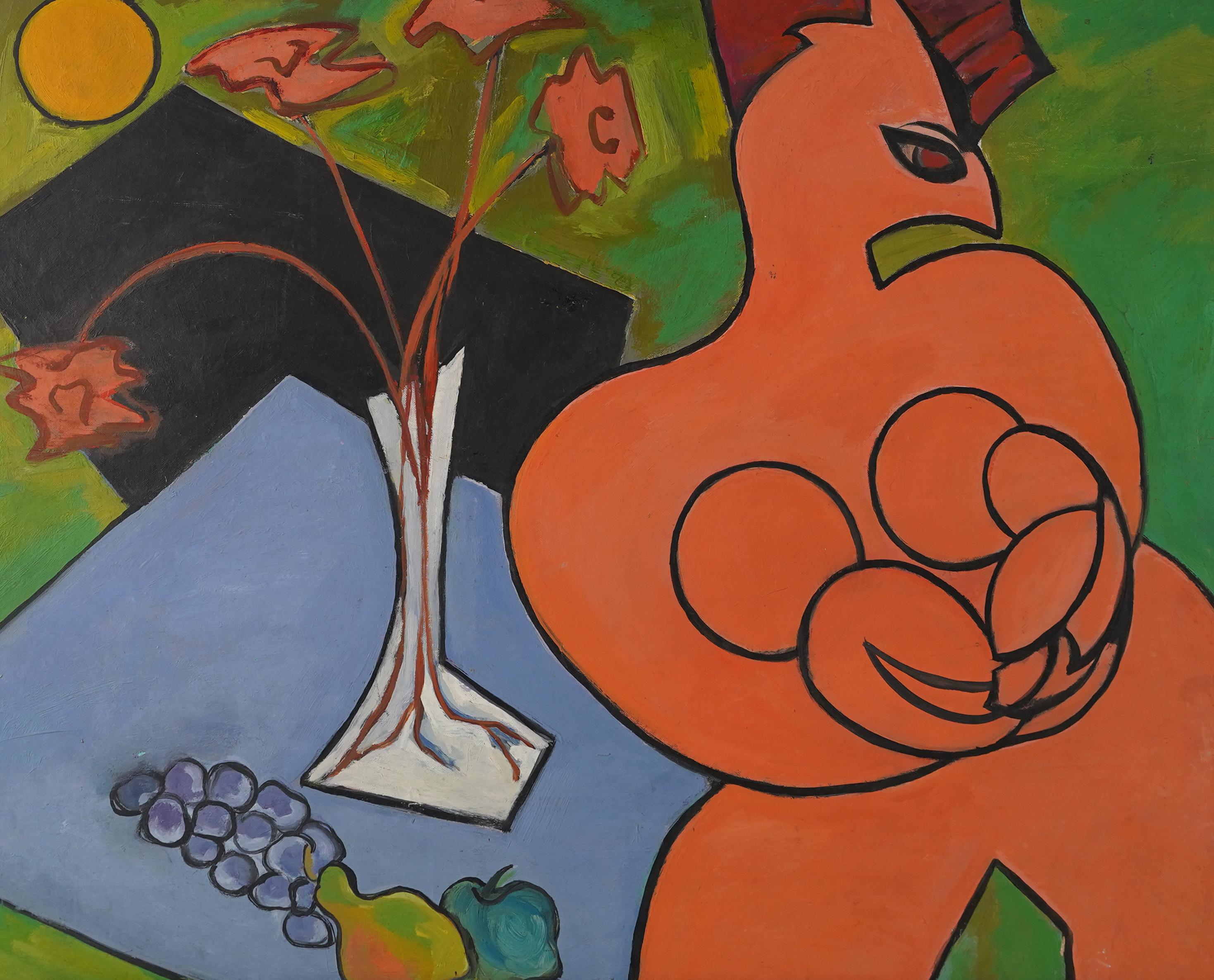 Antikes amerikanisches modernistisches gerahmtes Ölgemälde „Funky Chicken“ Kubistisches Stillleben (Schwarz), Abstract Painting, von Unknown