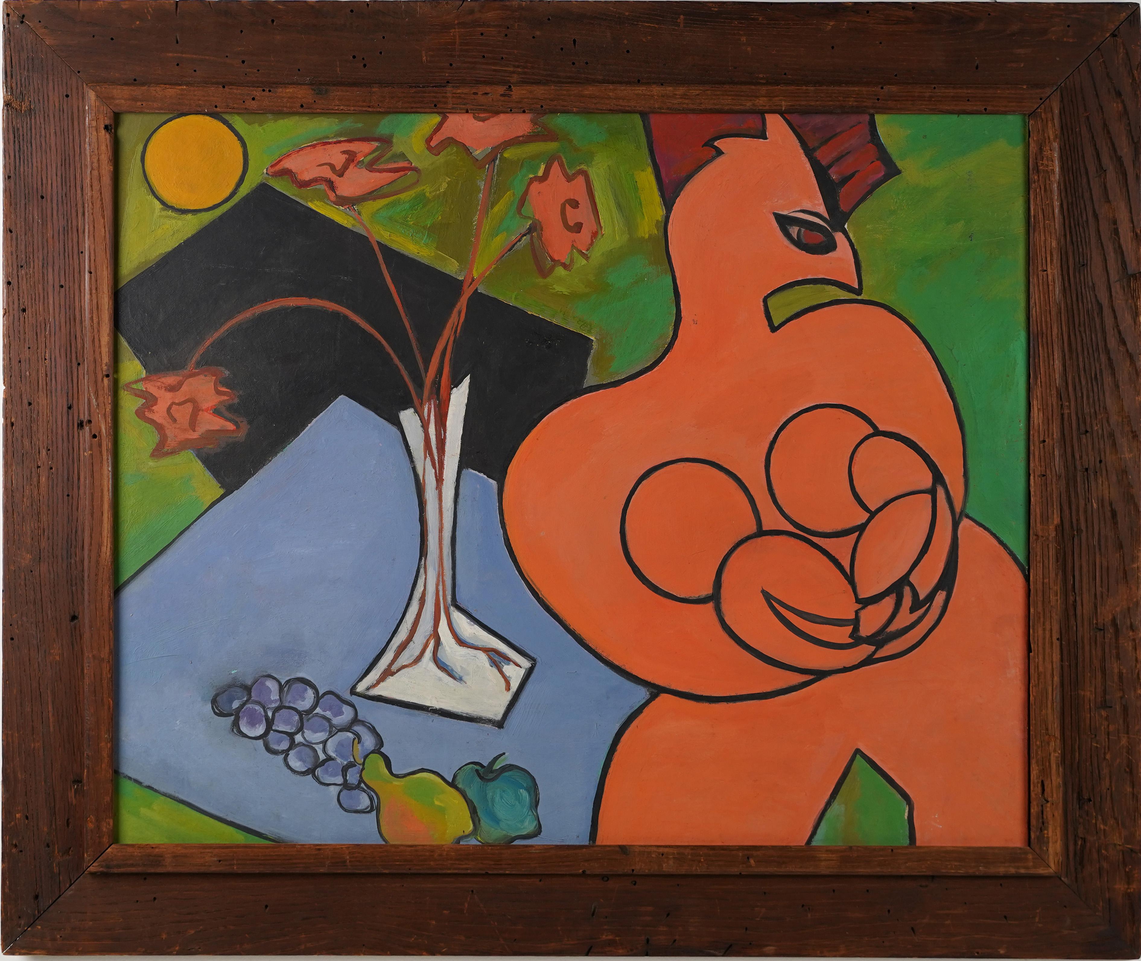 Unknown Abstract Painting – Antikes amerikanisches modernistisches gerahmtes Ölgemälde „Funky Chicken“ Kubistisches Stillleben