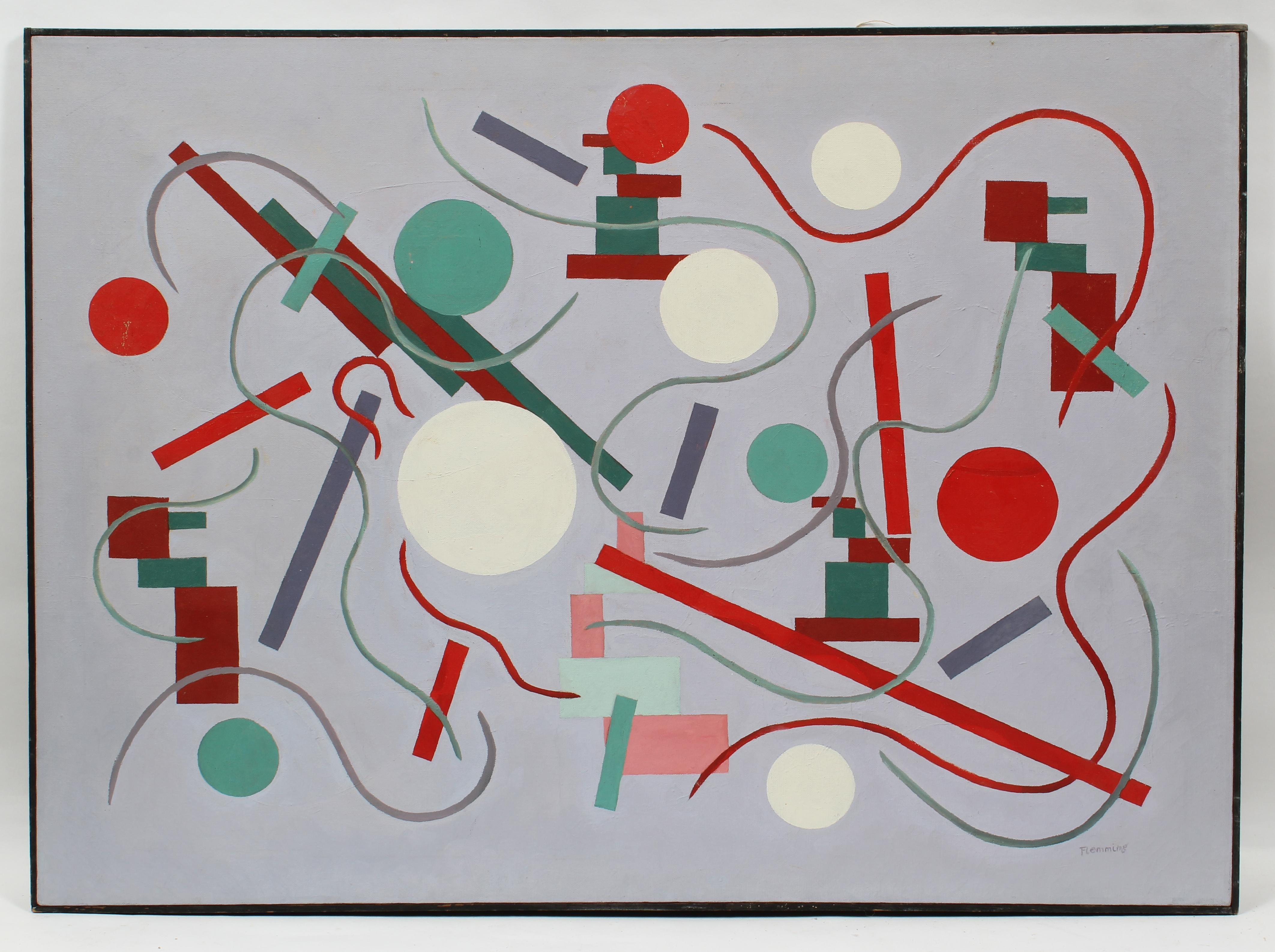 Abstract Painting di Unknown - Antico dipinto a olio astratto geometrico modernista americano incorniciato