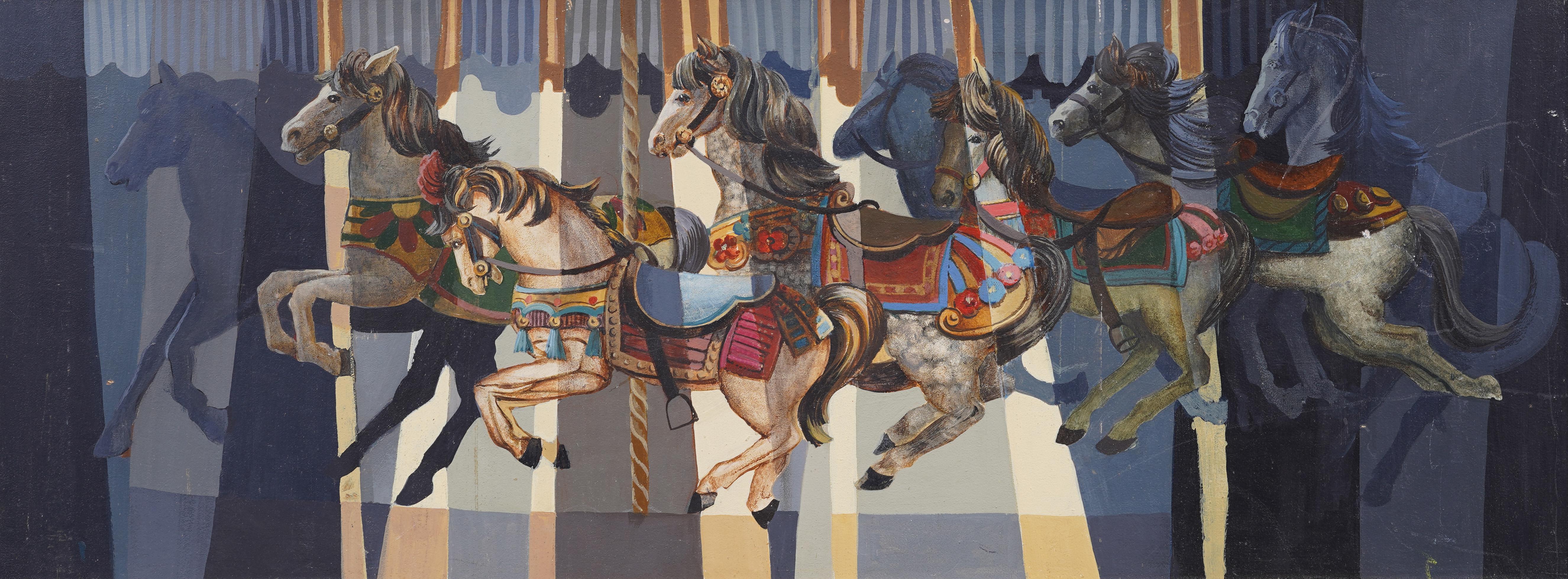 Antique American Modernist Horse Carousel Animal Portrait Framed Oil Painting For Sale 1