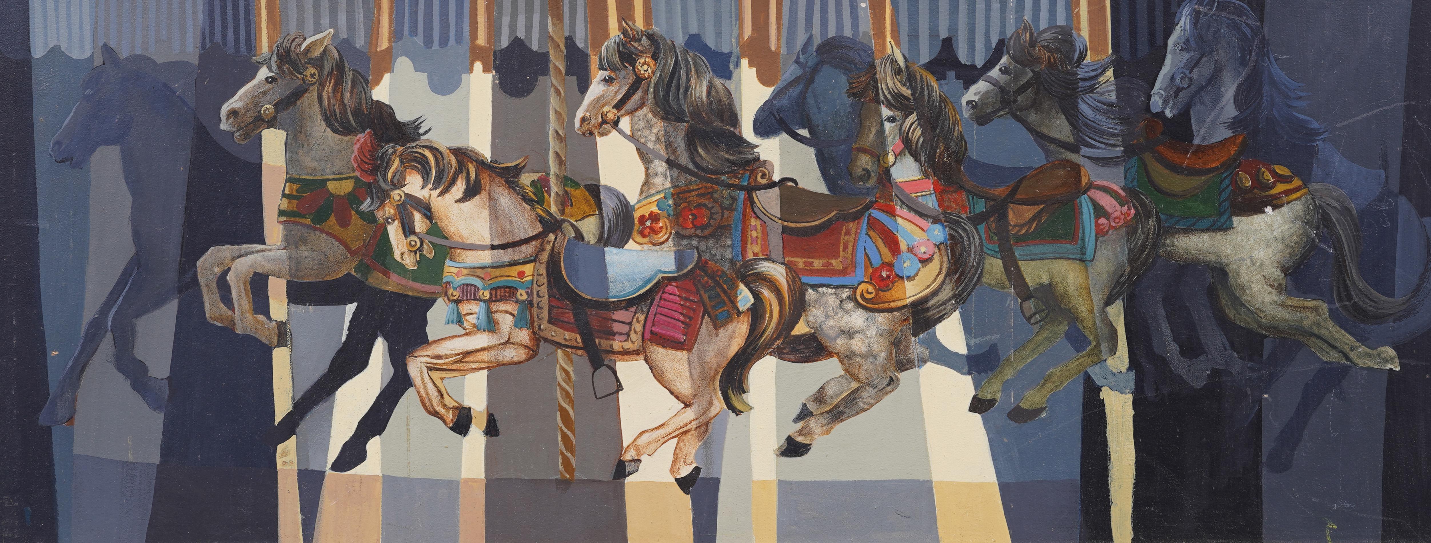 Antique American Modernist Horse Carousel Animal Portrait Framed Oil Painting For Sale 2