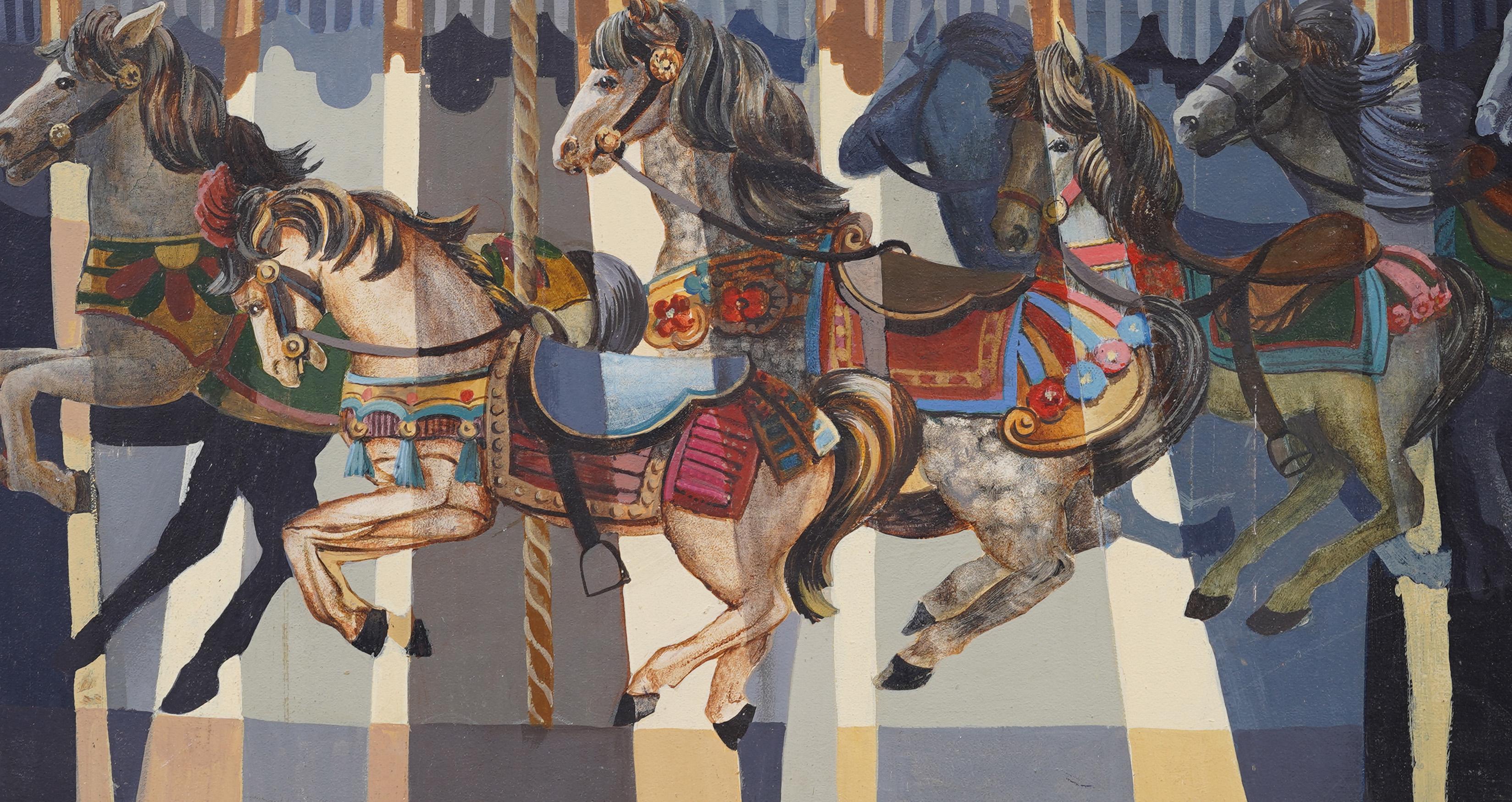 Antique American Modernist Horse Carousel Animal Portrait Framed Oil Painting For Sale 3