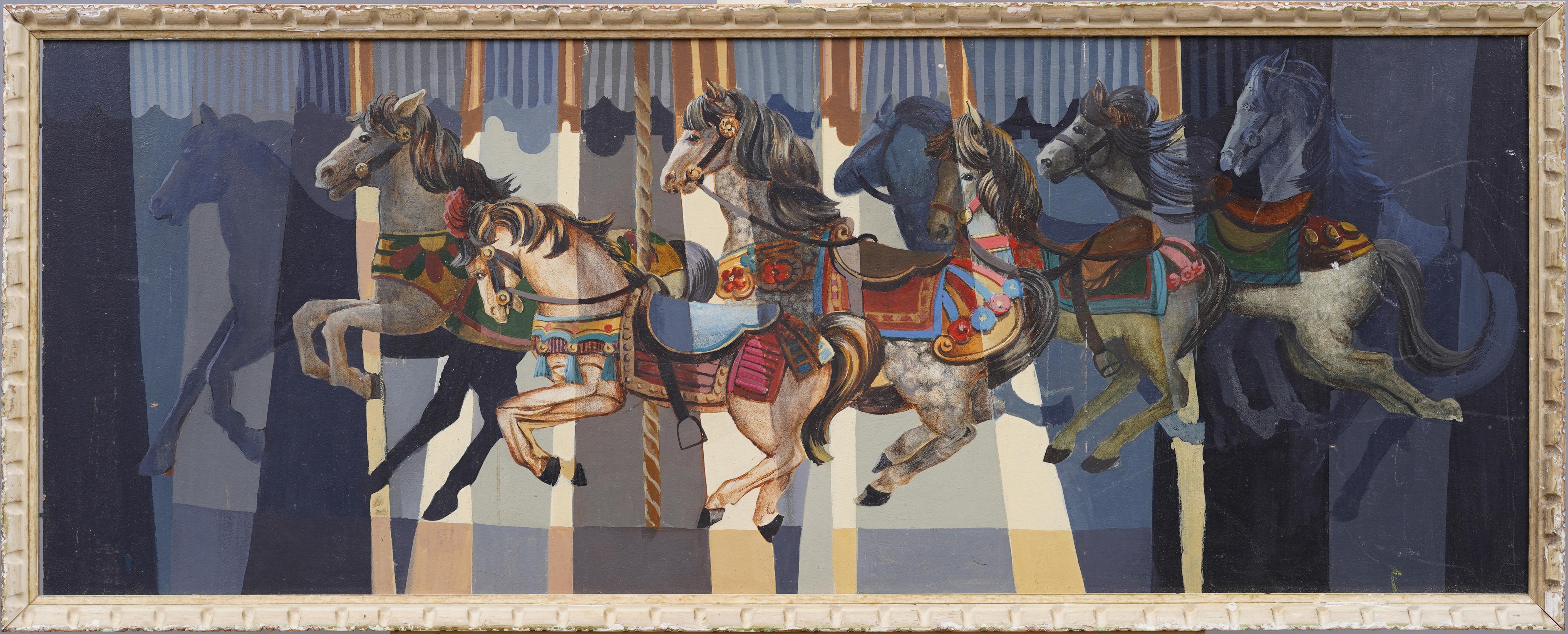 Antikes amerikanisches modernistisches gerahmtes Ölgemälde, Pferdekarussell, Tierporträt, gerahmt