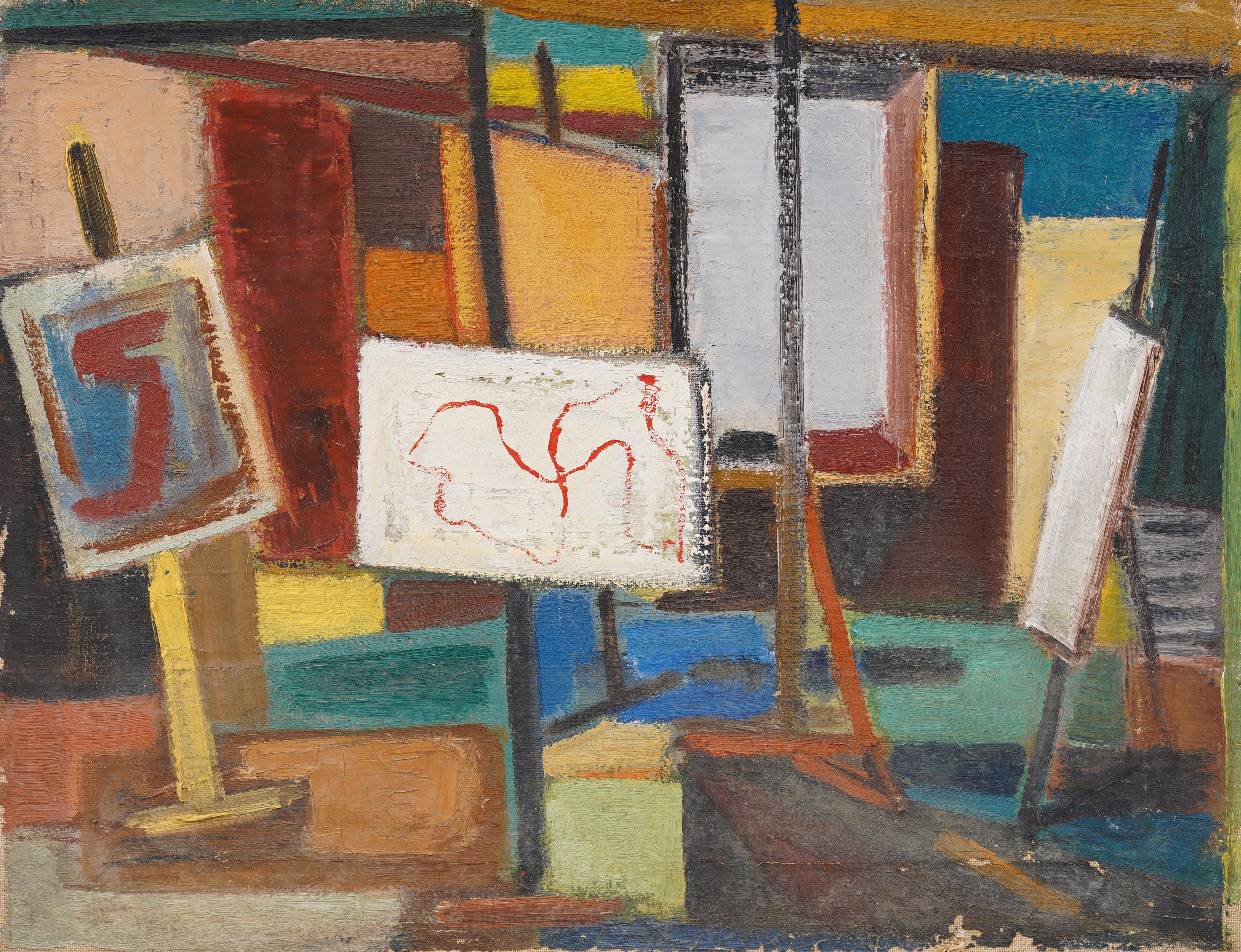Antico Modernista Americano Scena d'interno incorniciata Pittura astratta da studio - Painting Cubismo di Unknown
