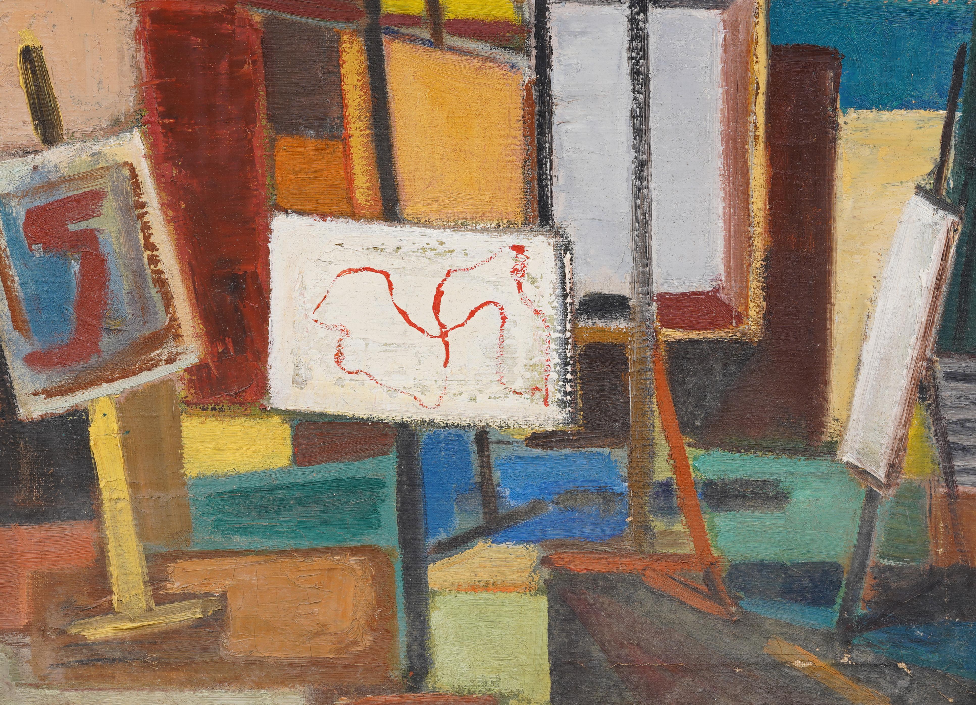 Antico Modernista Americano Scena d'interno incorniciata Pittura astratta da studio 1