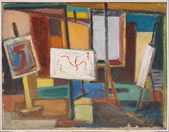 Antico Modernista Americano Scena d'interno incorniciata Pittura astratta da studio