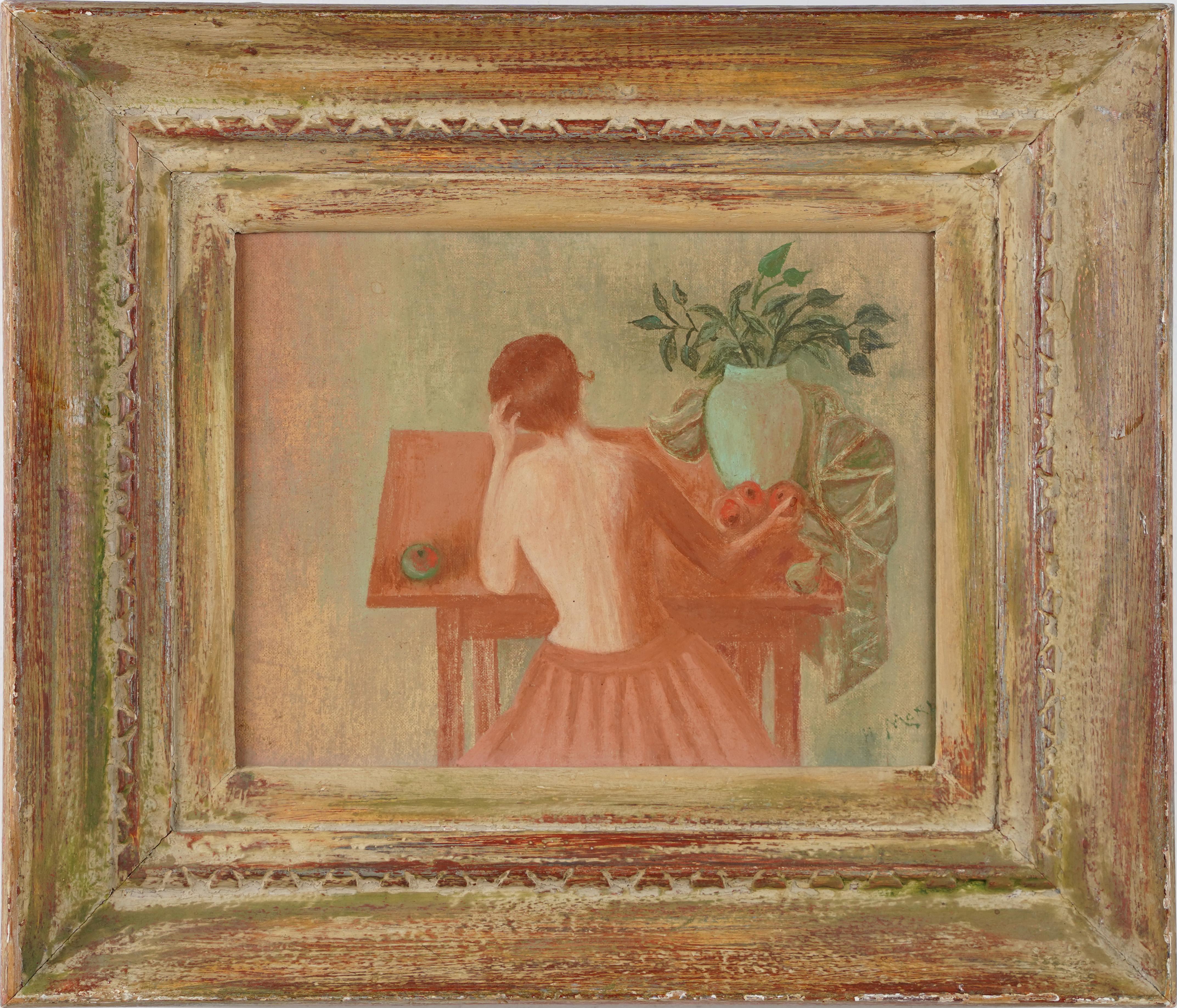 Antique American Modernist Interior Scene Nude Portrait Signed Oil Painting - Brown Nude Painting by Unknown