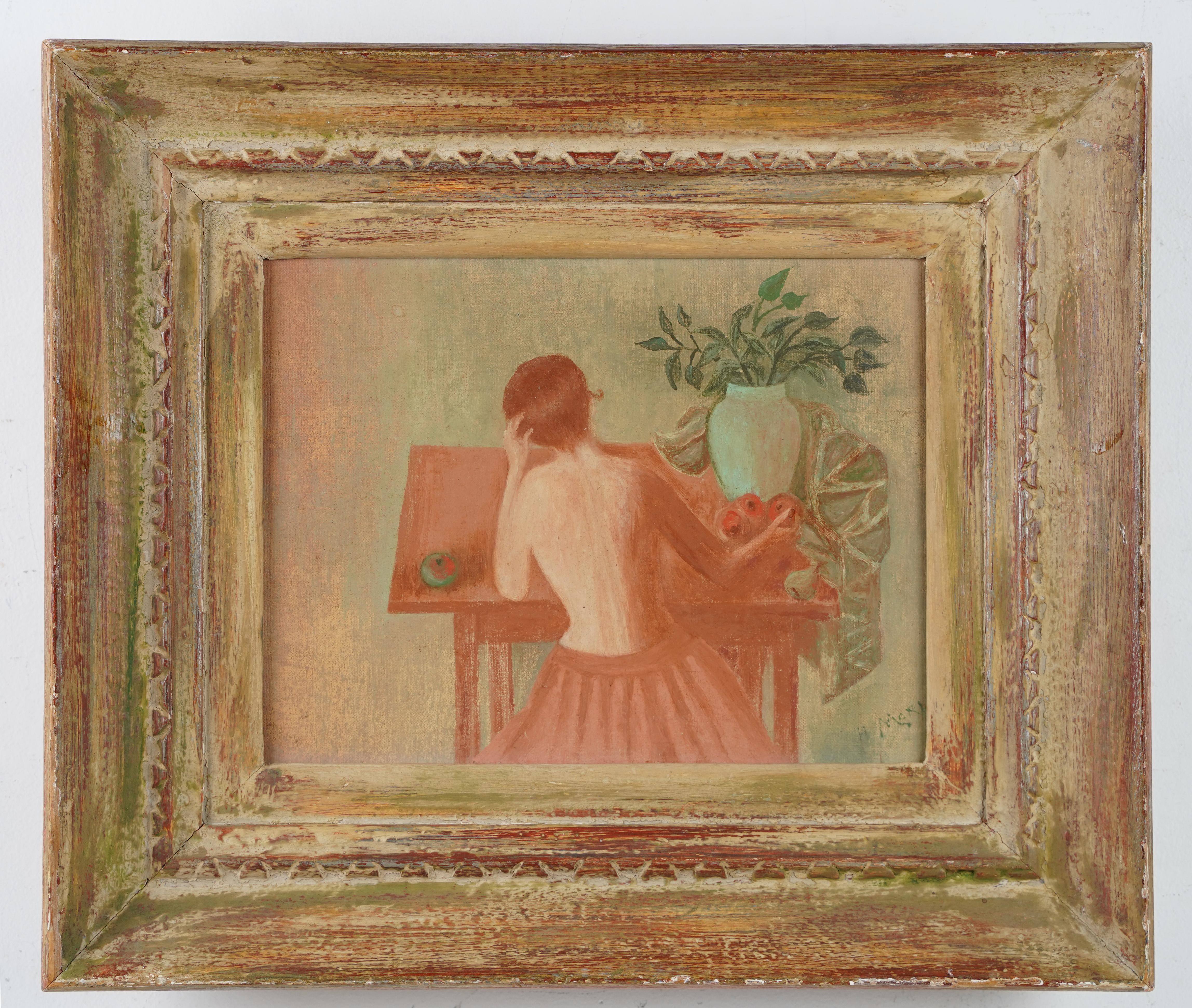 Antique American modernist interior view painting. Oil on canvas, circa 1940.  Housed in a vintage frame.   Image size, 13.25L x 10.25H. 
