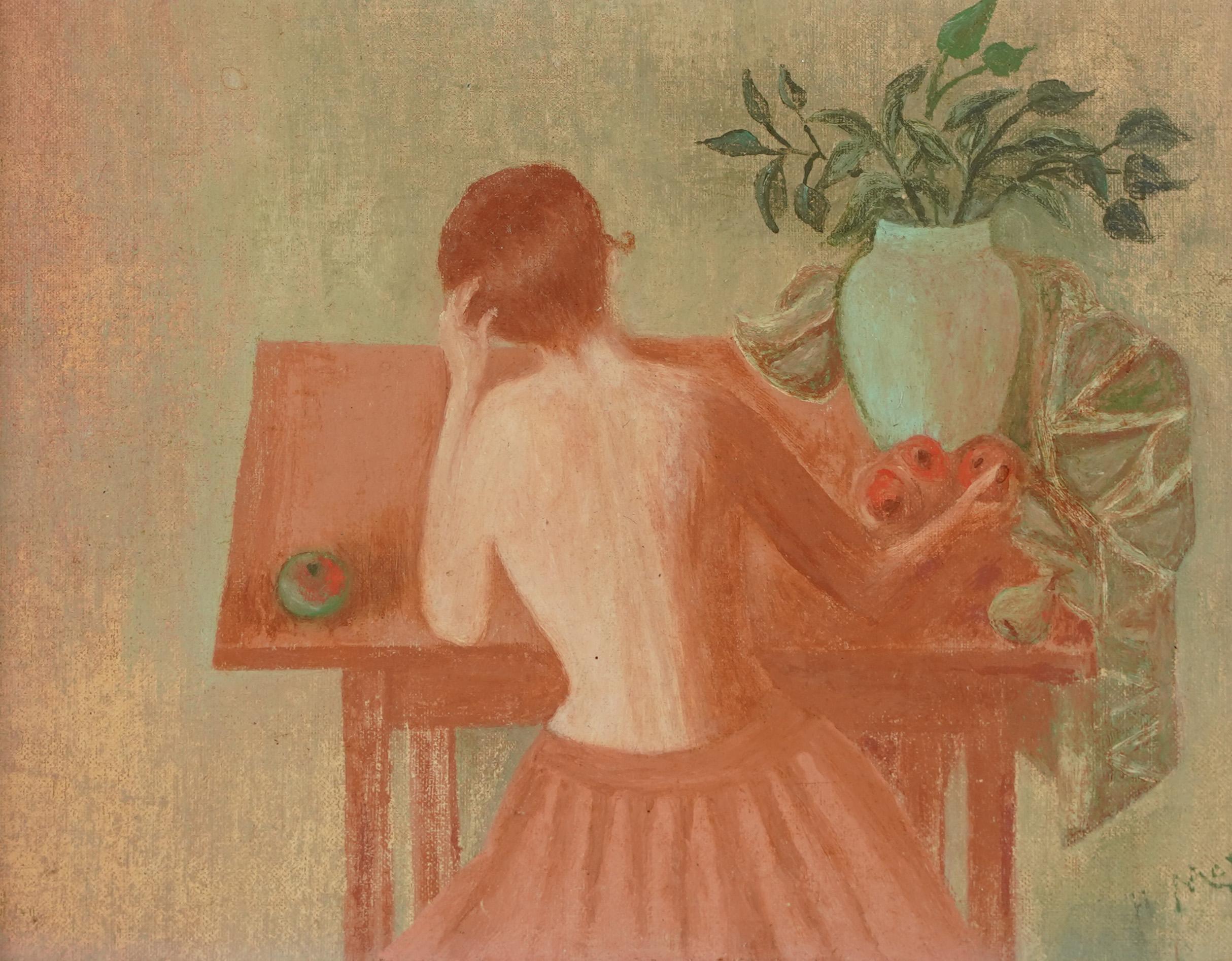 Antique American Modernist Interior Scene Nude Portrait Signed Oil Painting 1