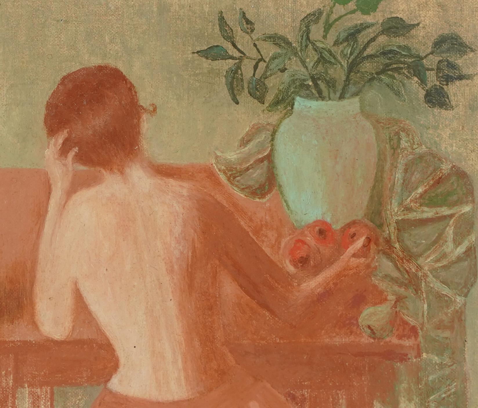 Antique American Modernist Interior Scene Nude Portrait Signed Oil Painting 2