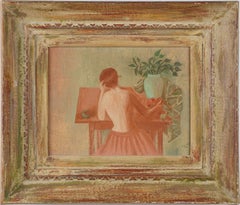 Antique American Modernist Interior Scene Nude Portrait Signed Oil Painting