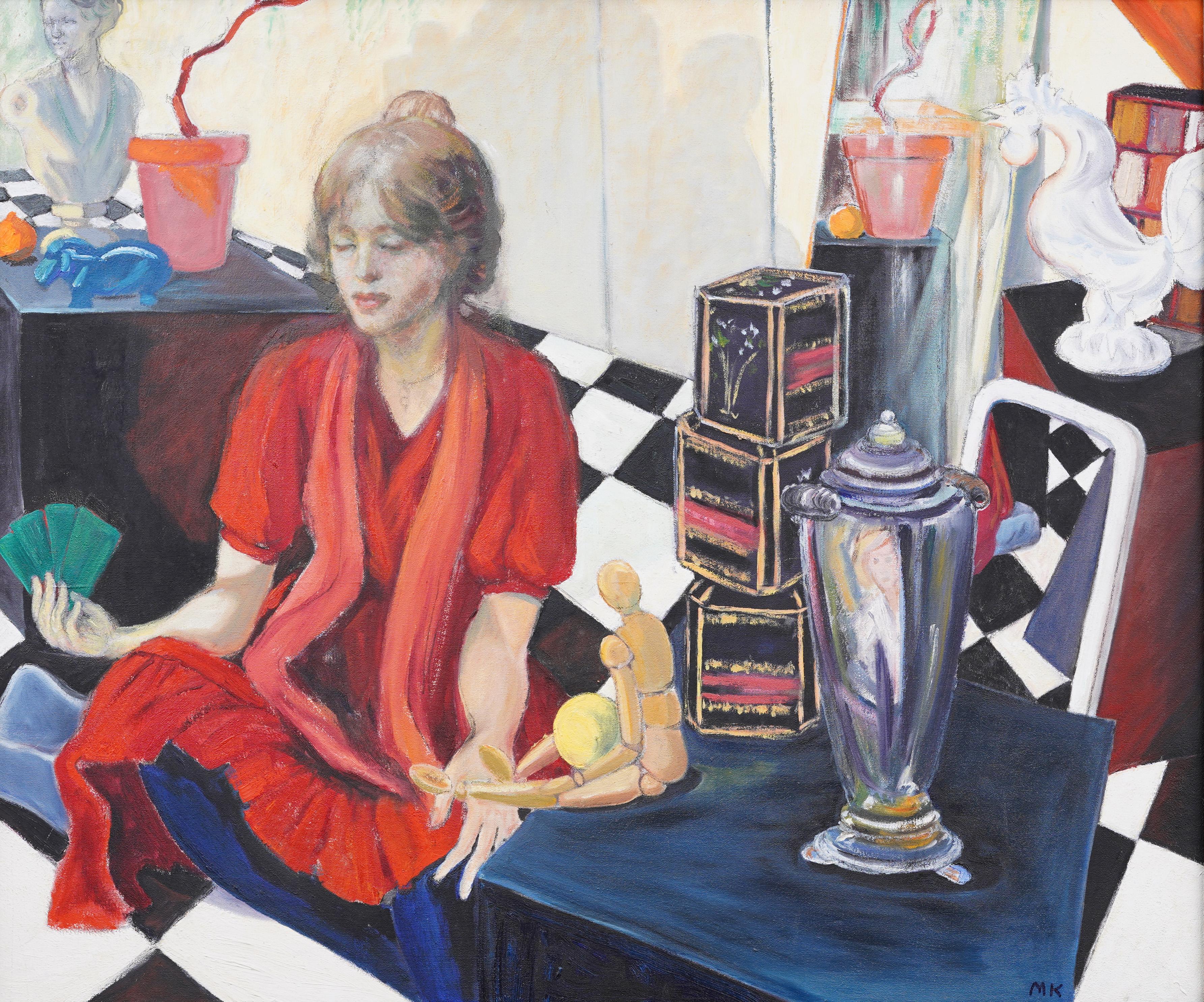 Antiquities American Modernist Interior Scene Young Woman Portrait Rare Oil Painting en vente 1