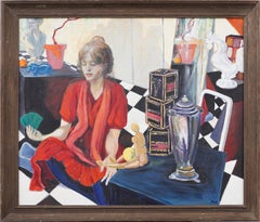 Retro American Modernist Interior Scene Young Woman Portrait Rare Oil Painting