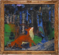 Antique American Modernist Large Fox Southern School Animal Painting Landscape
