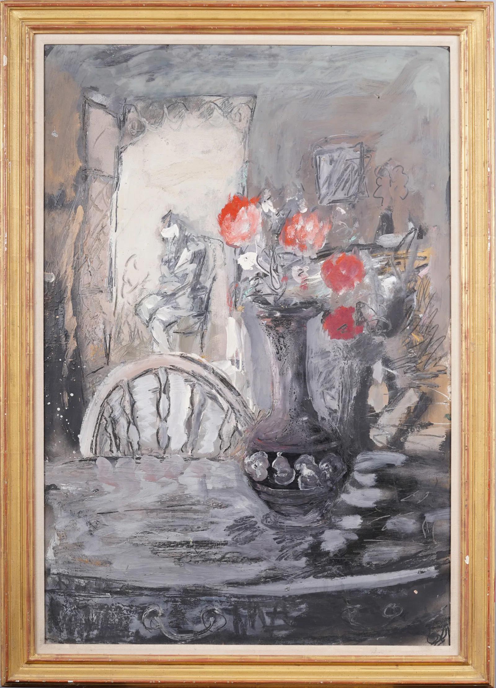 Antiguo cuadro al óleo modernista americano de gran tamaño enmarcado Bodegón interior de flores - Painting de Unknown
