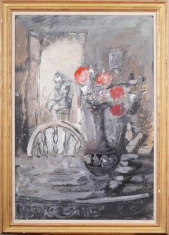 Antique American Modernist Large Framed Flower Interior Still Life Oil Painting