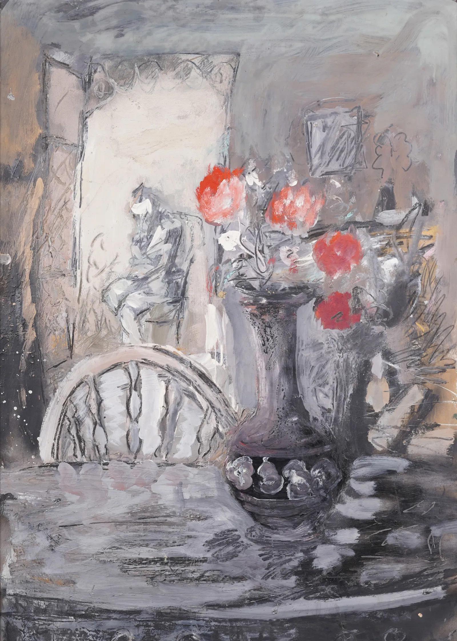 Antiguo cuadro al óleo modernista americano de gran tamaño enmarcado Bodegón interior de flores - Painting Moderno de Unknown