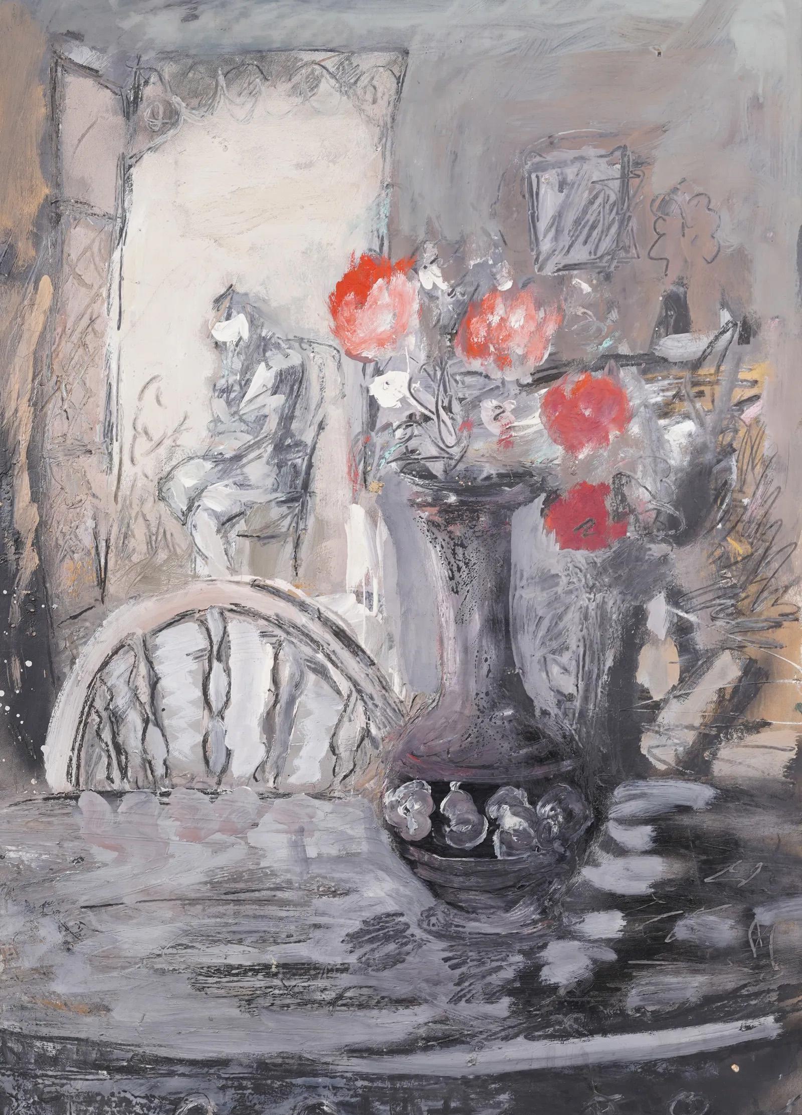 Antiguo cuadro al óleo modernista americano de gran tamaño enmarcado Bodegón interior de flores - Interior Painting Marrón de Unknown
