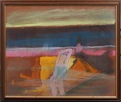 Antique American Modernist Large Sunset Abstract Beach Scene Framed Painting