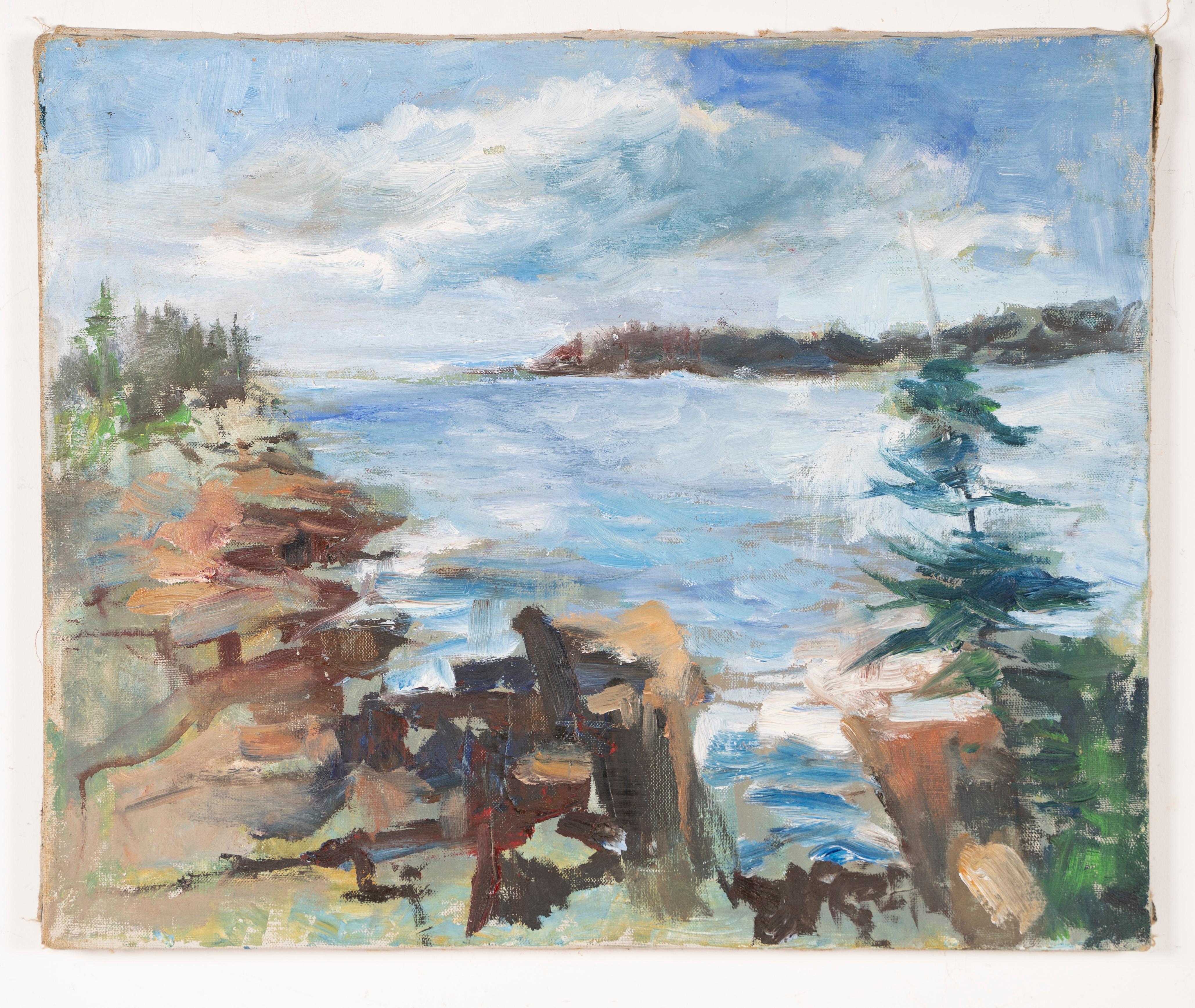 Ancienne peinture à l'huile vintage originale de style moderniste américain sur la côte du Maine - Moderne Painting par Unknown