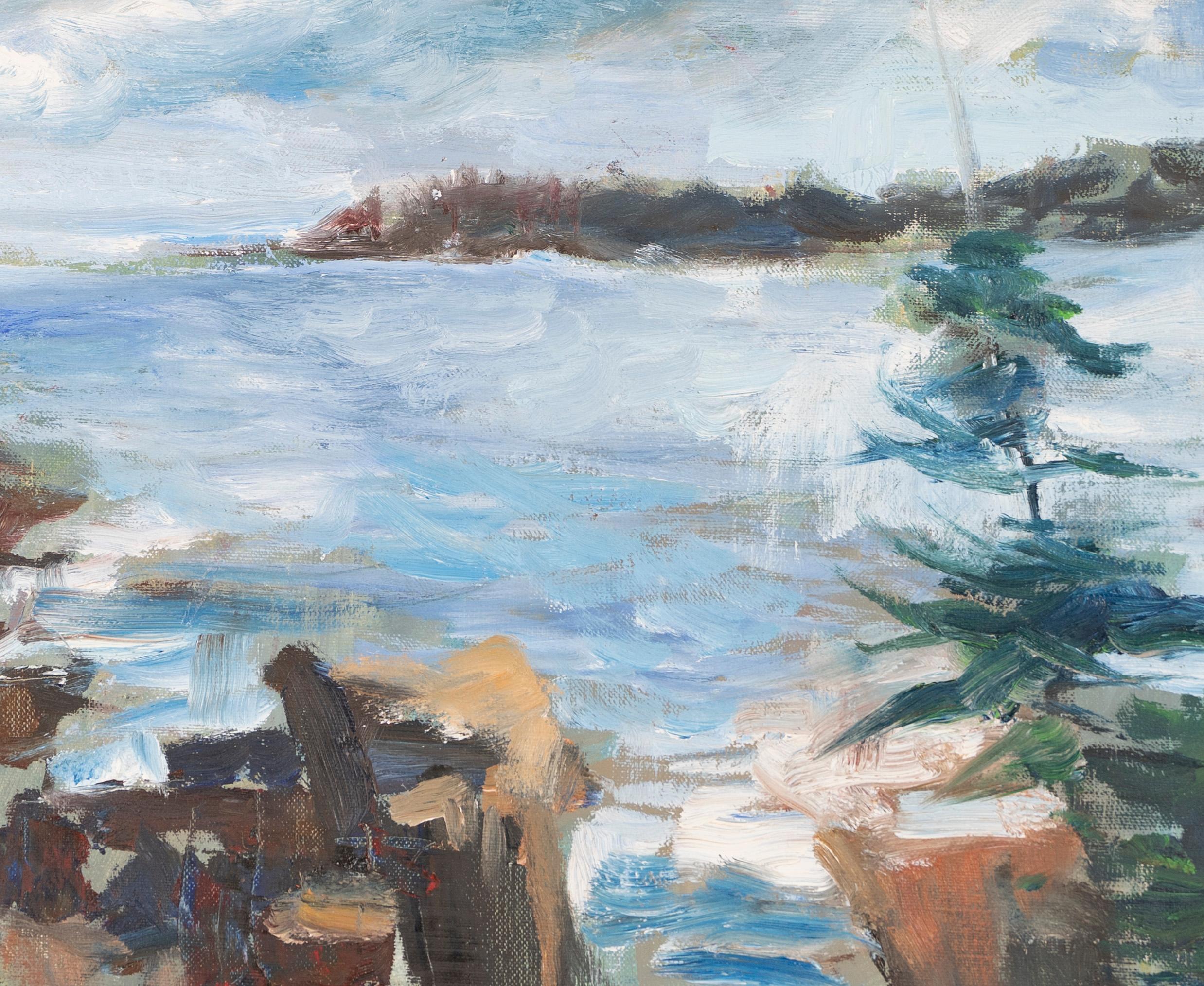 Ancienne peinture à l'huile vintage originale de style moderniste américain sur la côte du Maine - Gris Landscape Painting par Unknown