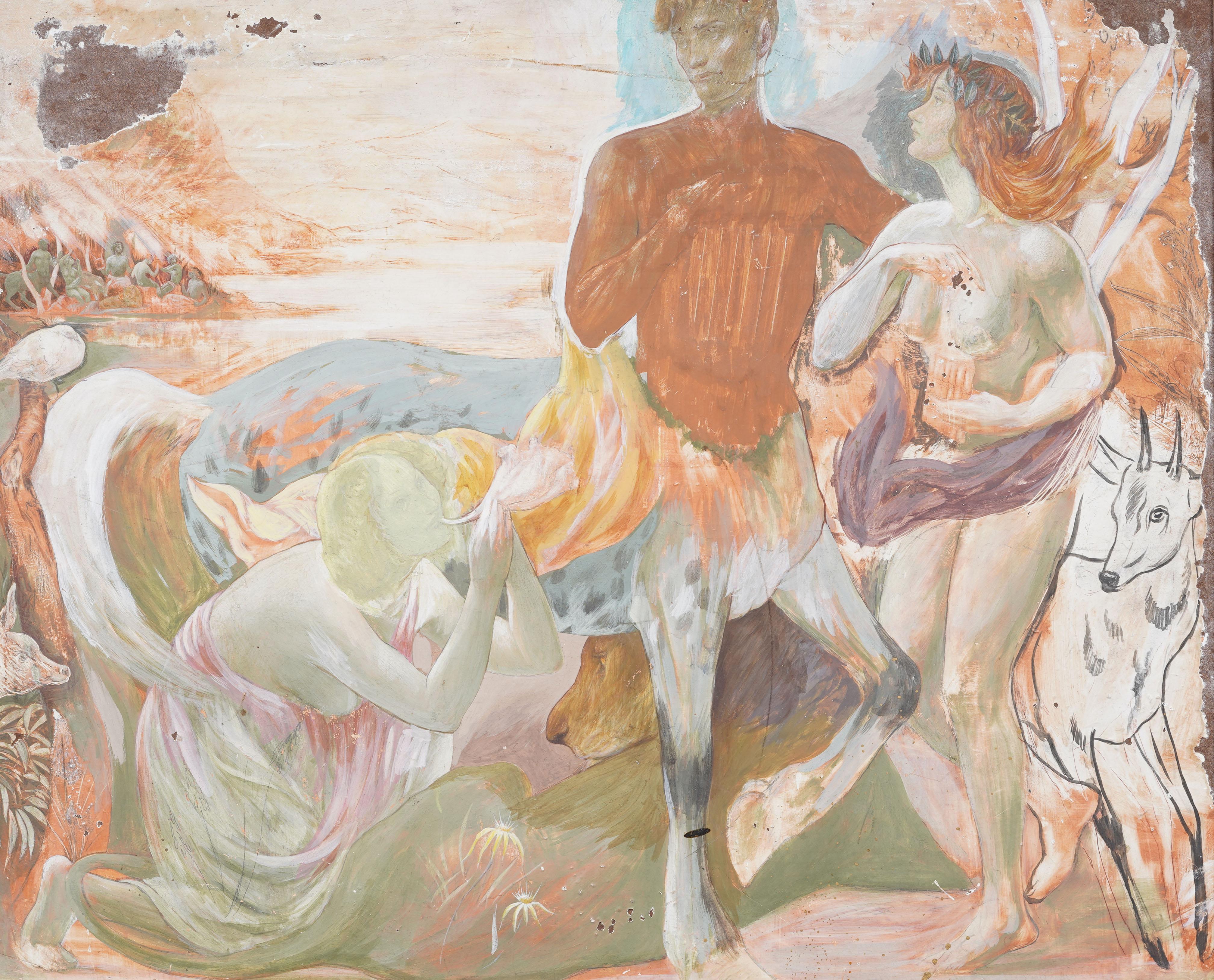 Antique American Modernist Mural Symbolist Figural Male Nude Portrait Painting For Sale 1