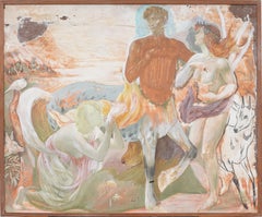 Antique American Modernist Mural Symbolist Figural Male Nude Portrait Painting