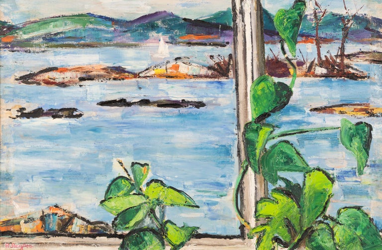 Antique American Modernist Nature Study Lake Landscape Framed Oil Painting  For Sale 1