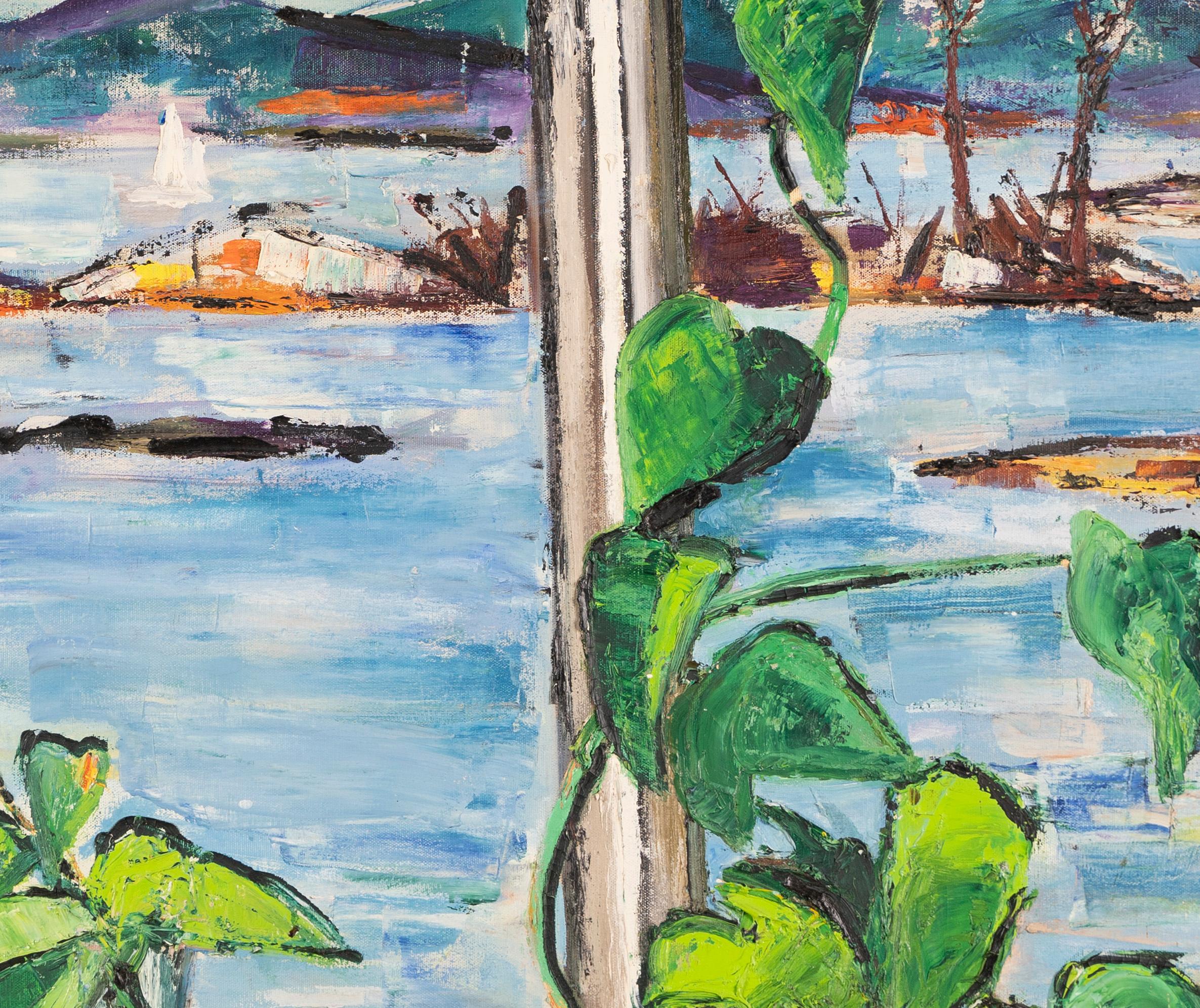 Antique American Modernist Nature Study Lake Landscape Framed Oil Painting - Gray Abstract Painting by Unknown