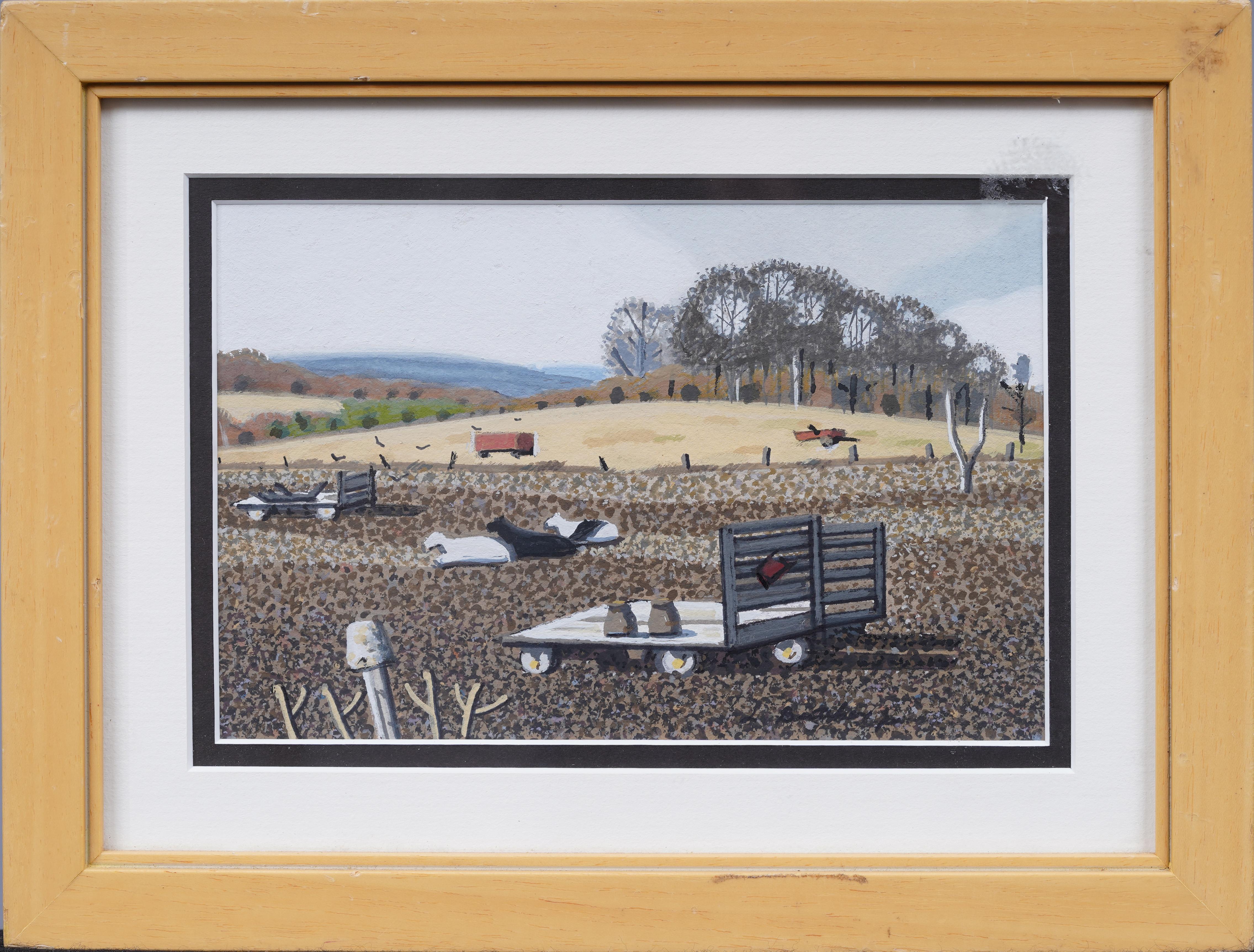 Antiguo cuadro de retratos de vacas pastando en una granja modernista americana de Nueva Inglaterra - Painting de Unknown