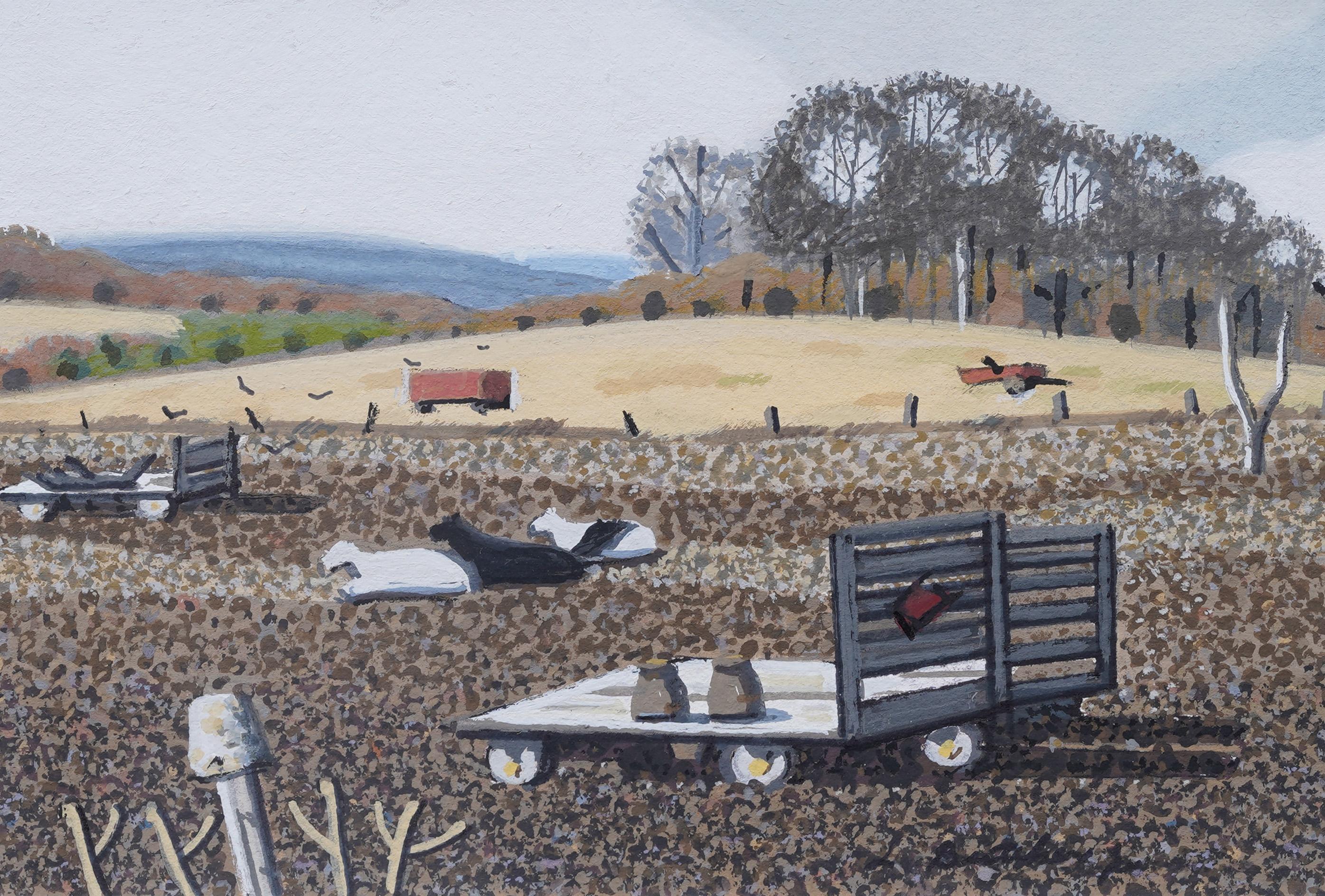 Antiguo cuadro de retratos de vacas pastando en una granja modernista americana de Nueva Inglaterra - Painting Moderno de Unknown