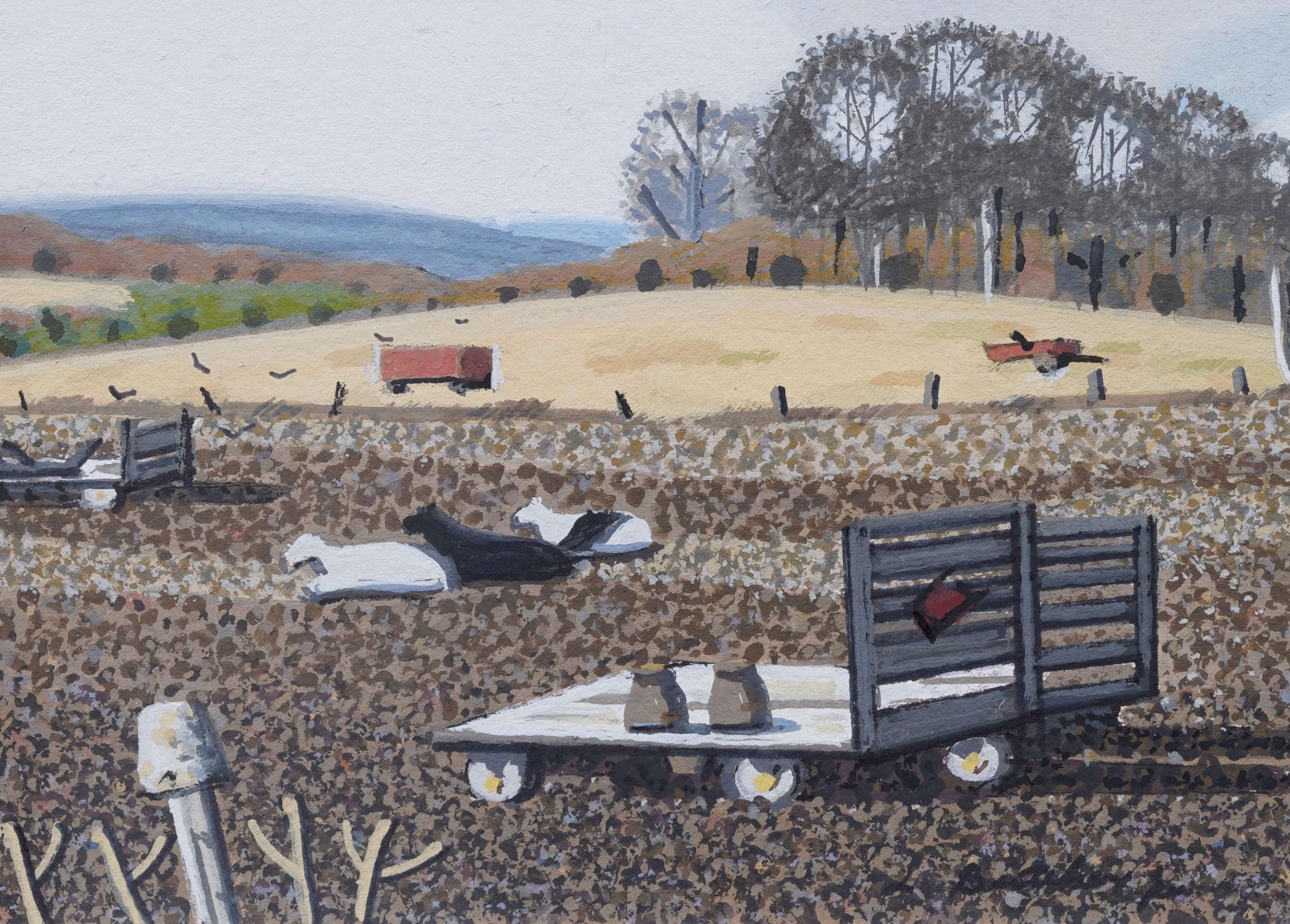 Antiguo cuadro de retratos de vacas pastando en una granja modernista americana de Nueva Inglaterra - Animal Painting Marrón de Unknown