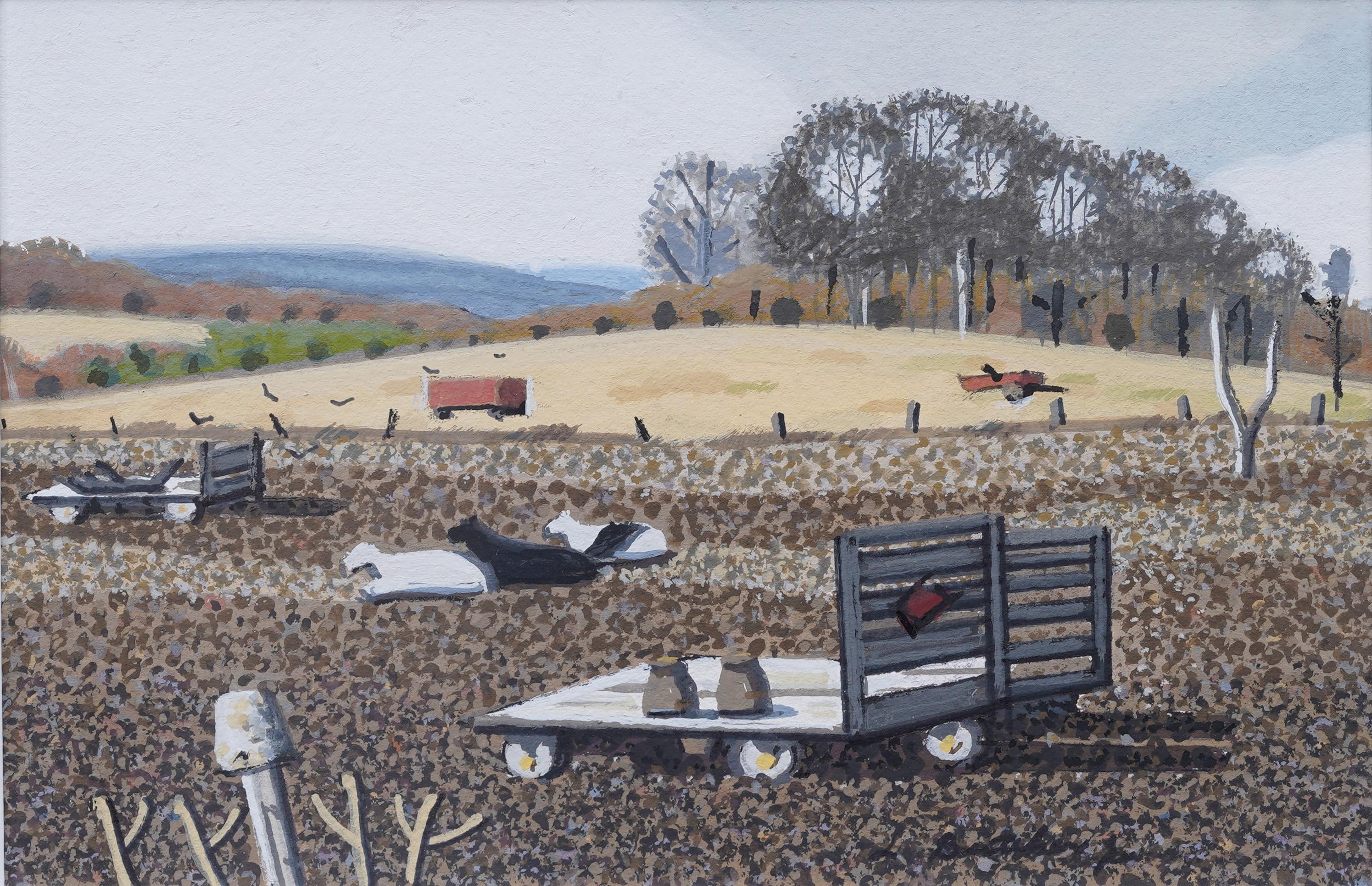 Impresionante paisaje agrícola modernista americano temprano con vacas pintado por Lawrence Butcher, Jr. (Nacida en 1936). Acuarela y gouache sobre papel. Enmarcado. Firmado. Tamaño de la imagen, 5 por 8 pulgadas.
