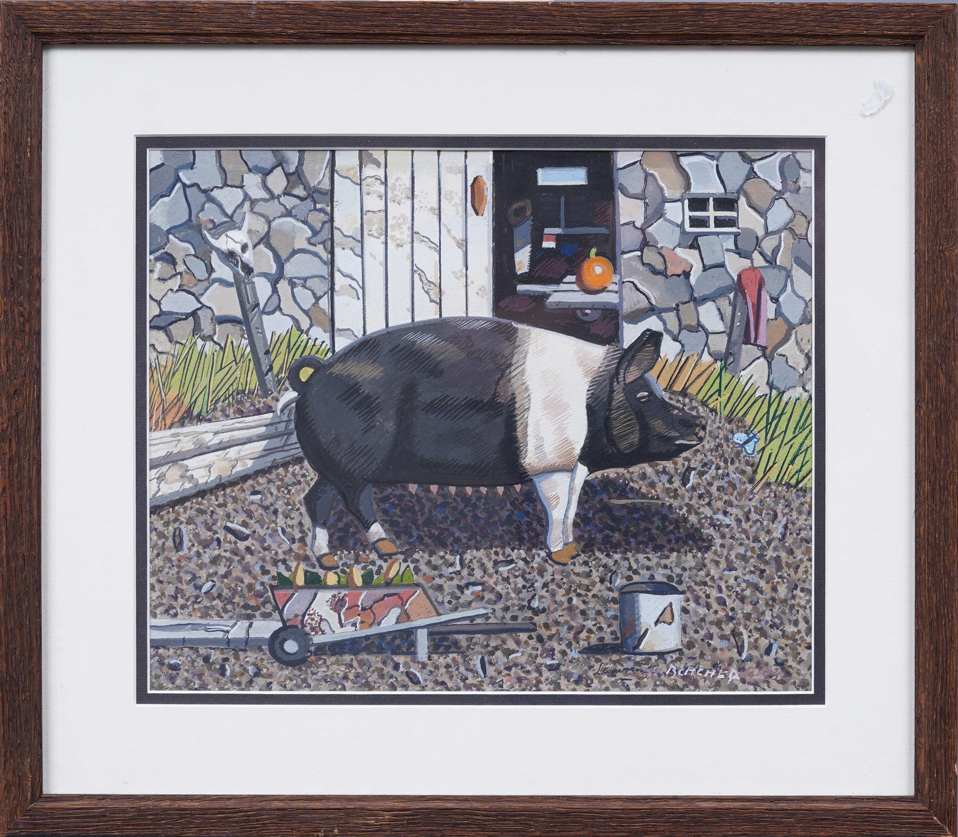 Antiguo Cuadro Modernista Americano de Nueva Inglaterra Escena de Granja Retrato de Cerdo - Painting de Unknown