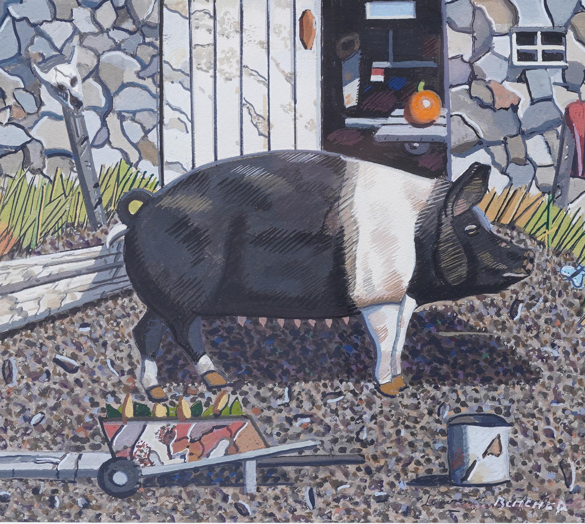 Antiguo Cuadro Modernista Americano de Nueva Inglaterra Escena de Granja Retrato de Cerdo - Animal Painting Gris de Unknown