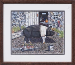 Antique American Modernist New England Farm Scene Pig Portrait Painting