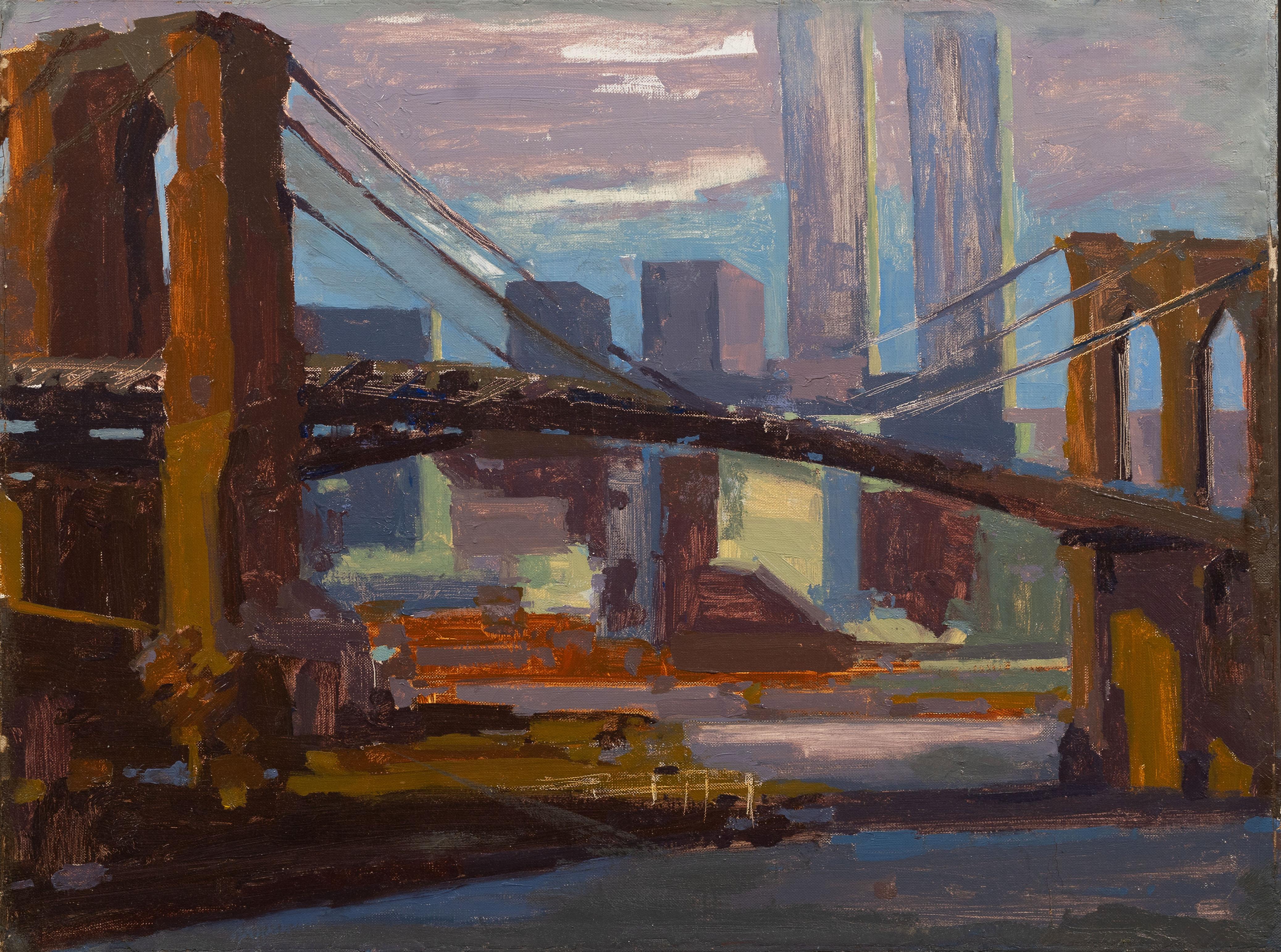Antique American Modernist New York City Brooklyn Bridge Scene Framed Painting For Sale 1