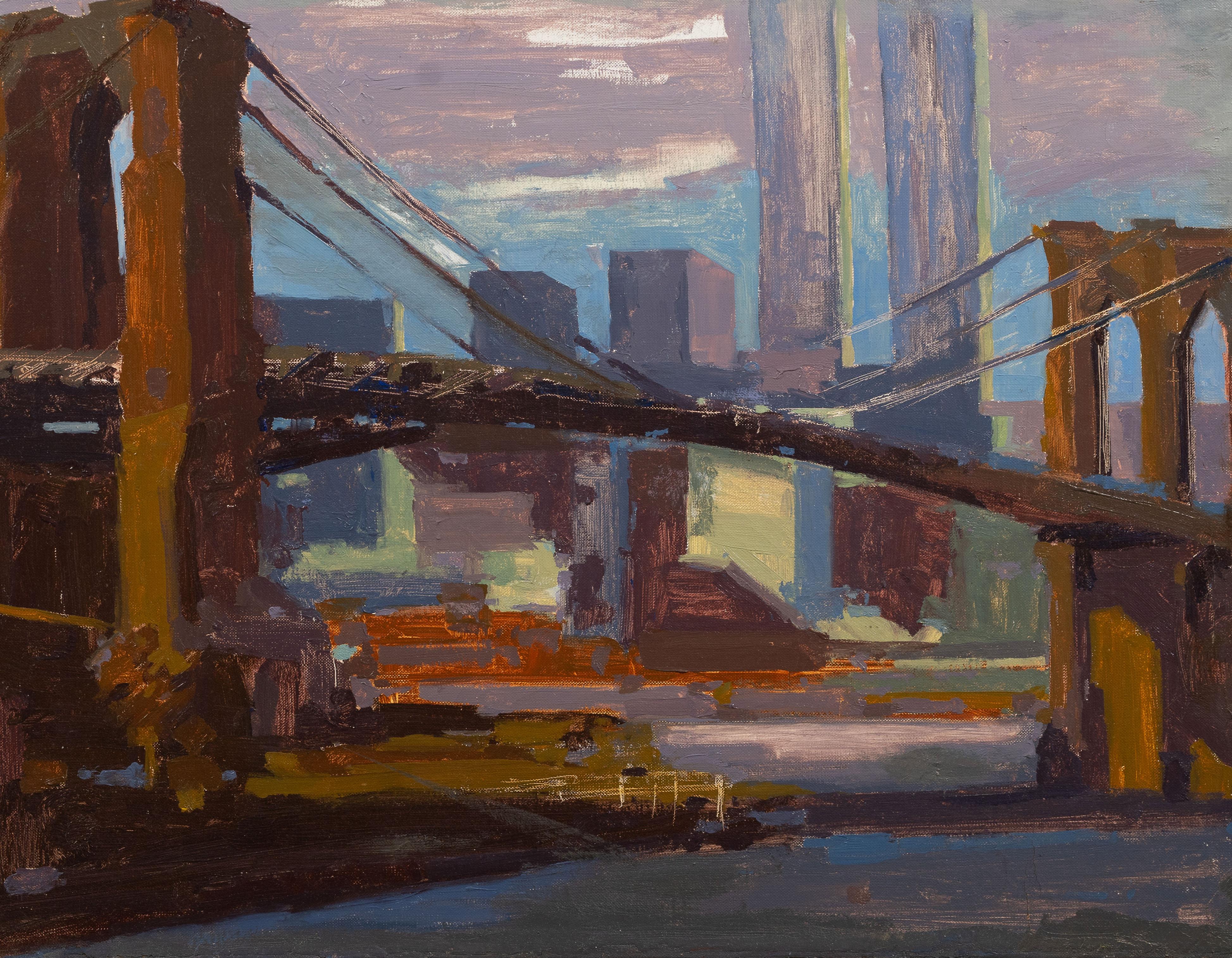 Antique American Modernist New York City Brooklyn Bridge Scene Framed Painting For Sale 2