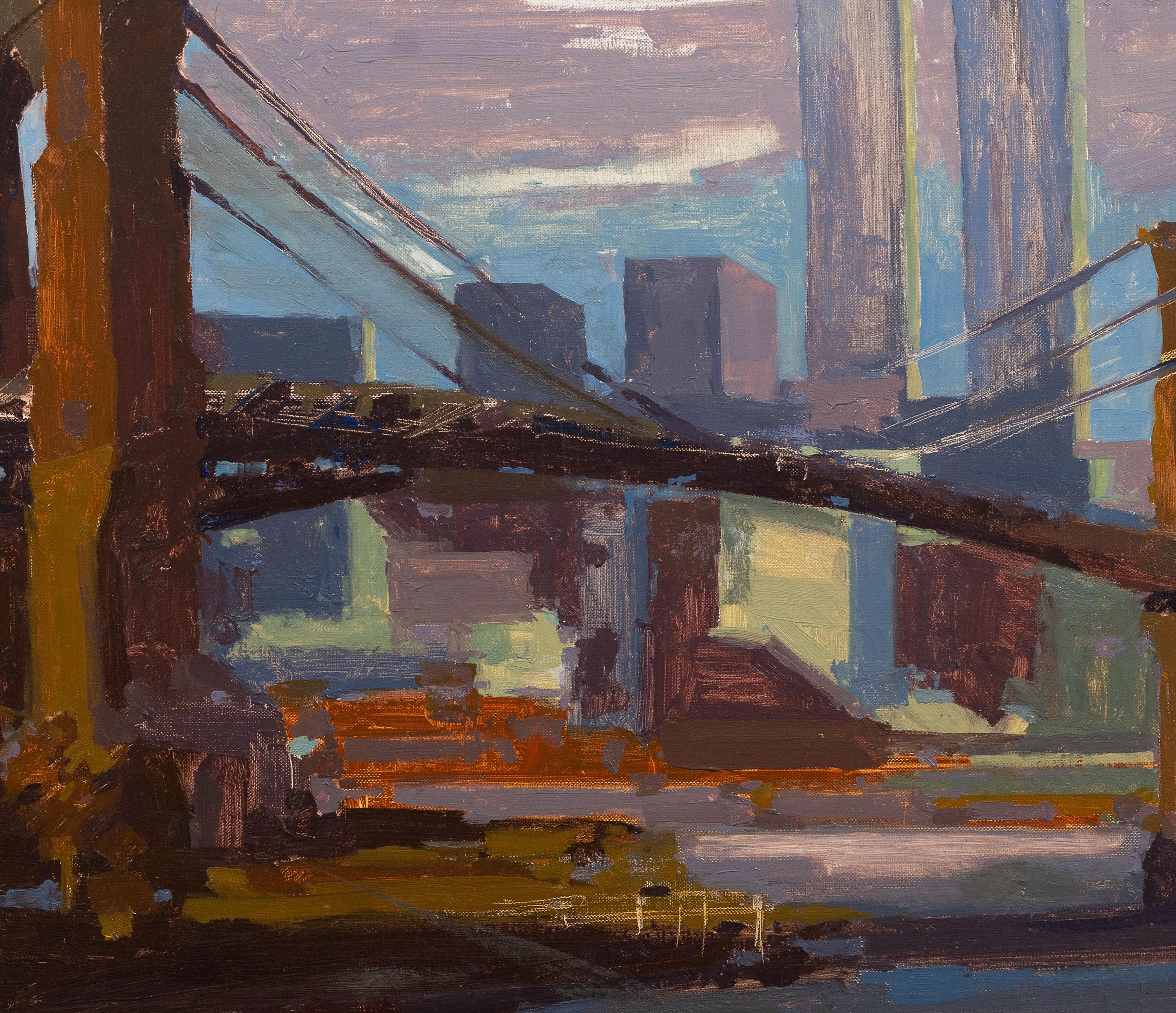 Antique American Modernist New York City Brooklyn Bridge Scene Framed Painting For Sale 3