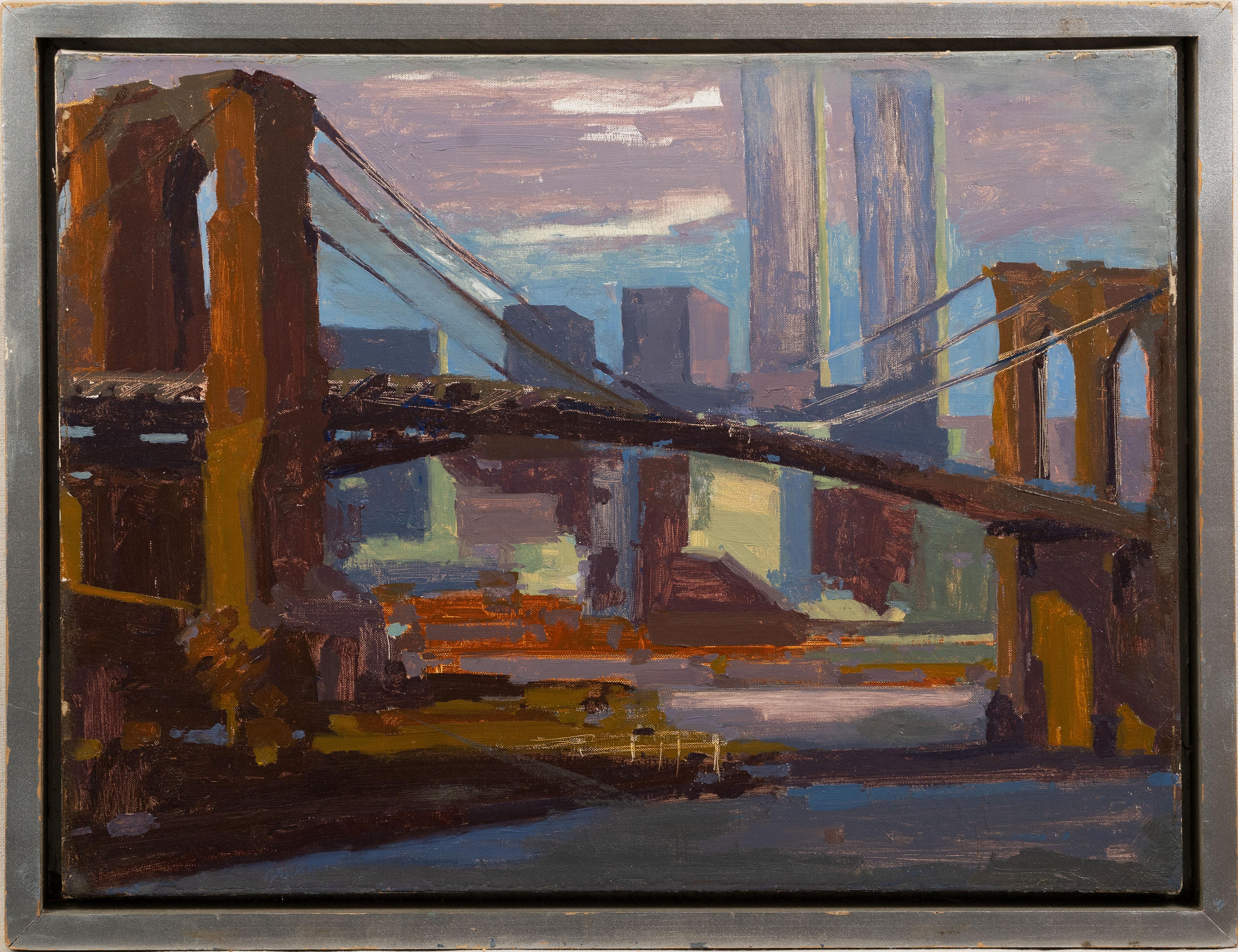 Unknown Landscape Painting - Antique American Modernist New York City Brooklyn Bridge Scene Framed Painting