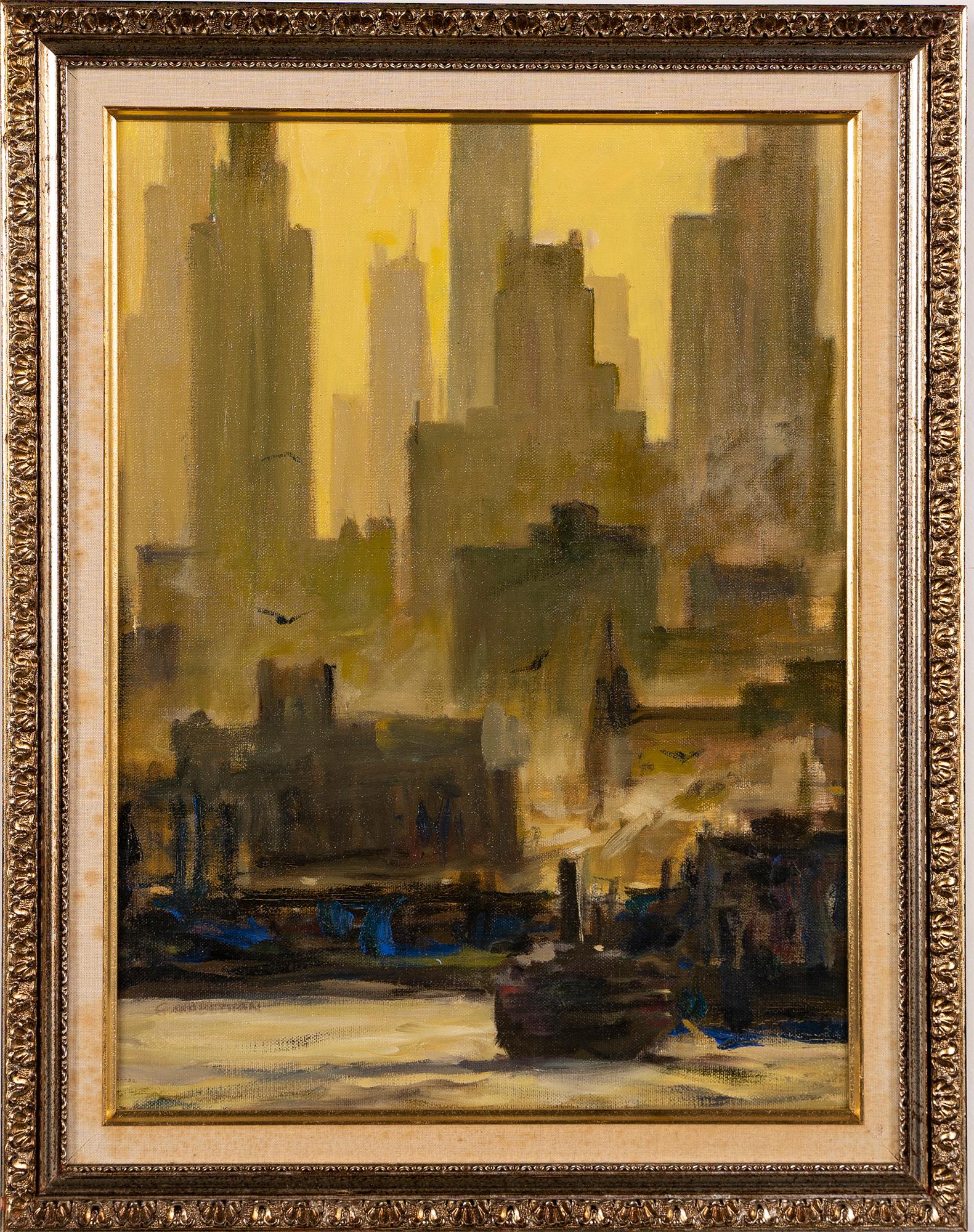 Antique American Modernist New York City Downtown Harbor Boat View Oil Painting - Brown Landscape Painting by Unknown