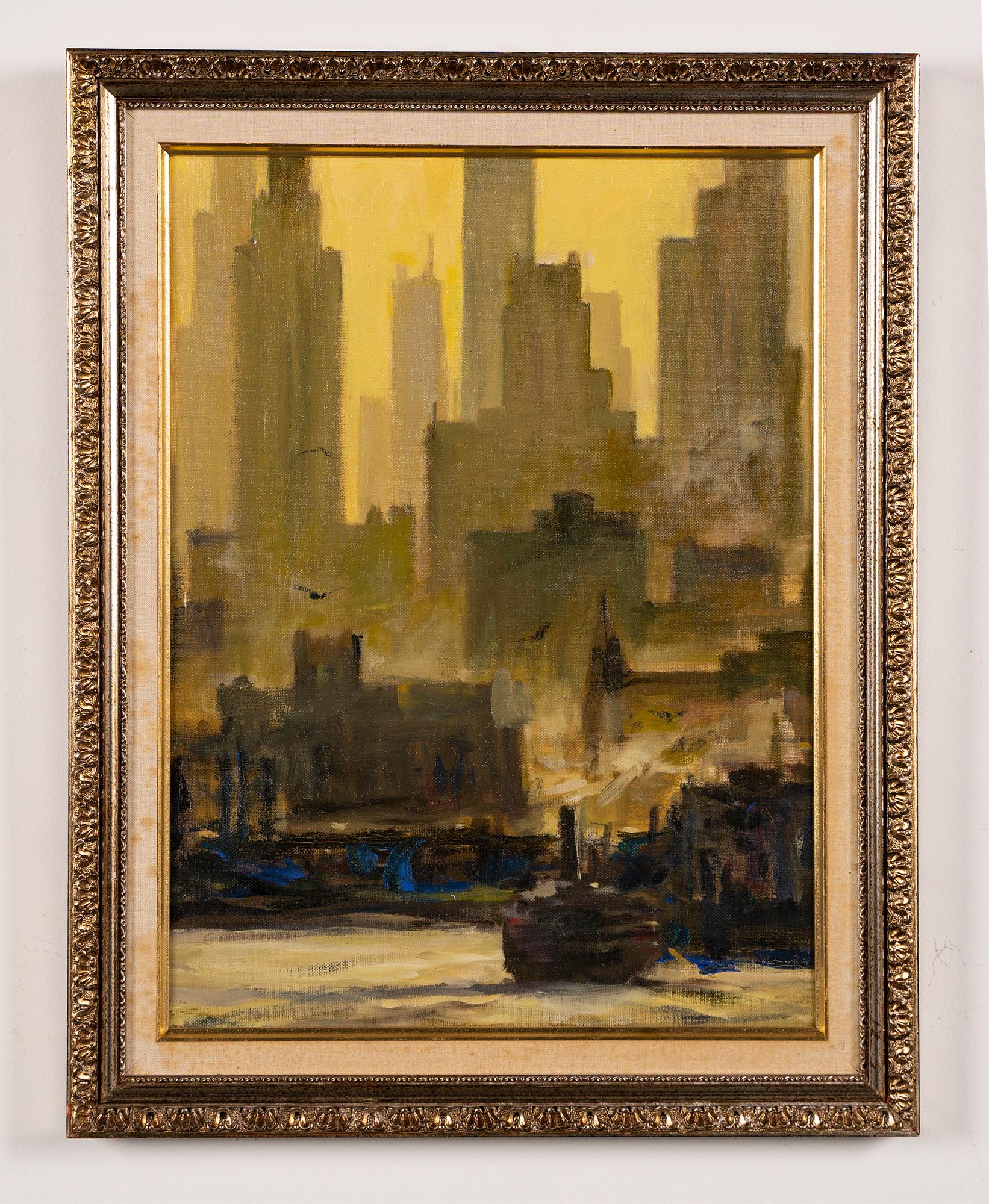 Vintage American modernist painting of New York City.  Oil on board, circa 1940.  Unsigned.  Image size, 13.5L x 17.5H.  Framed.