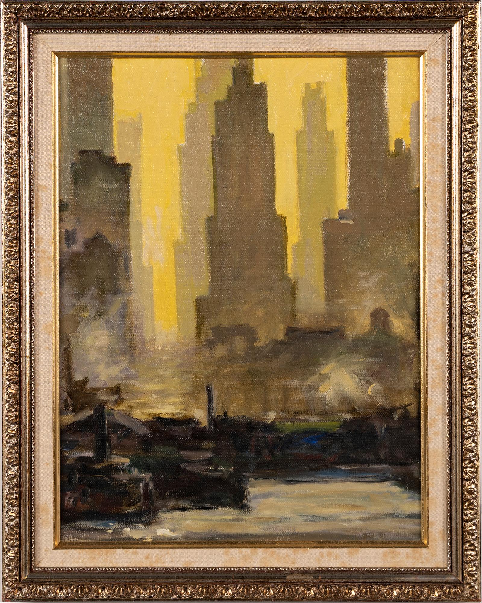 Antique American Modernist New York City Downtown Harbor Boat View Oil Painting