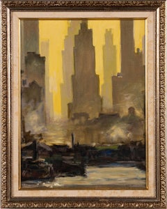 oil painting new york Antique American Modernist New York City Downtown Harbor Boat View Oil Painting